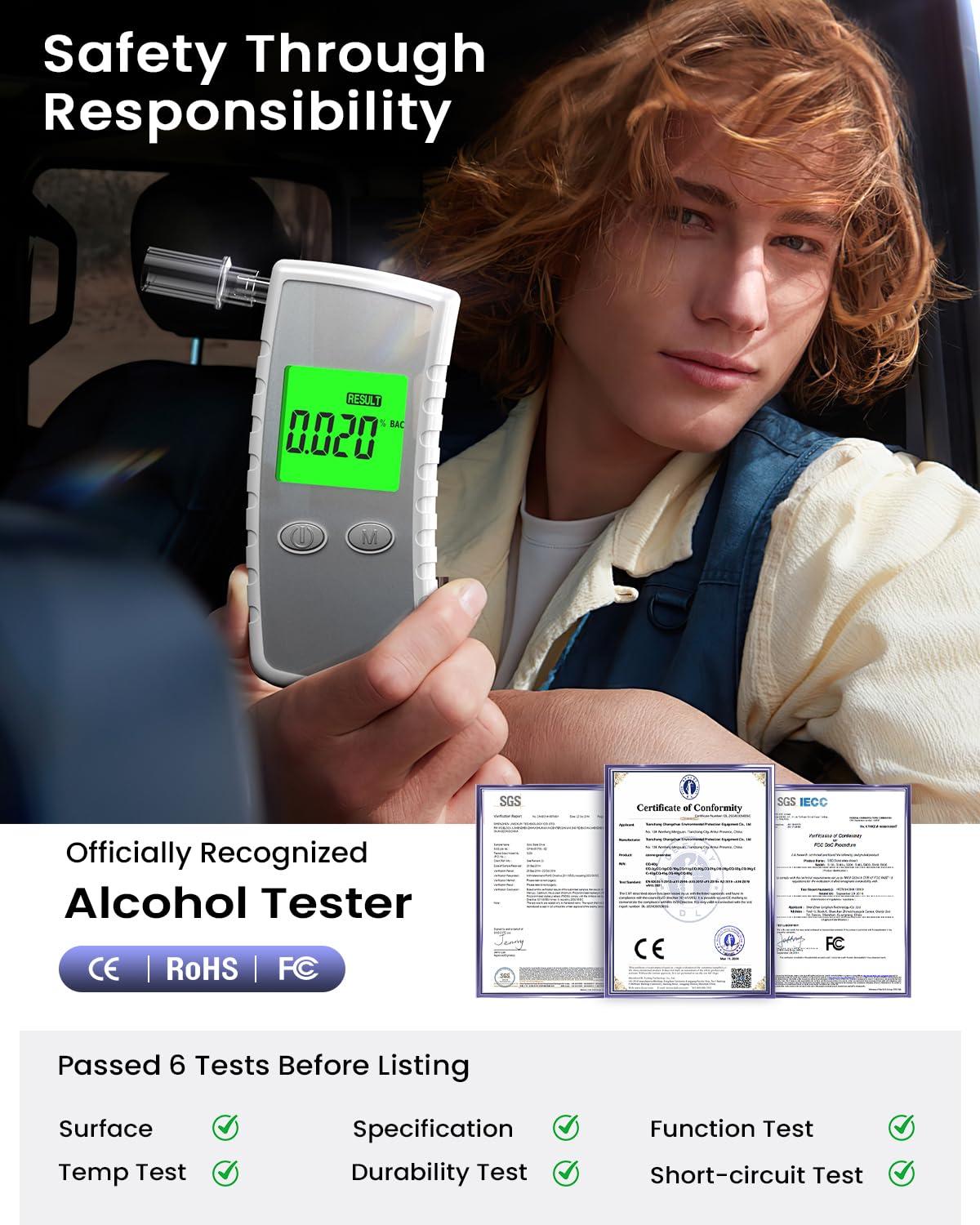 **Upgraded High-Accuracy Professional Breathalyzer with LCD Display - 10 Mouthpieces Included - Portable Alcohol Tester for Home, Bars, Parties & Workplace Safety (White)**