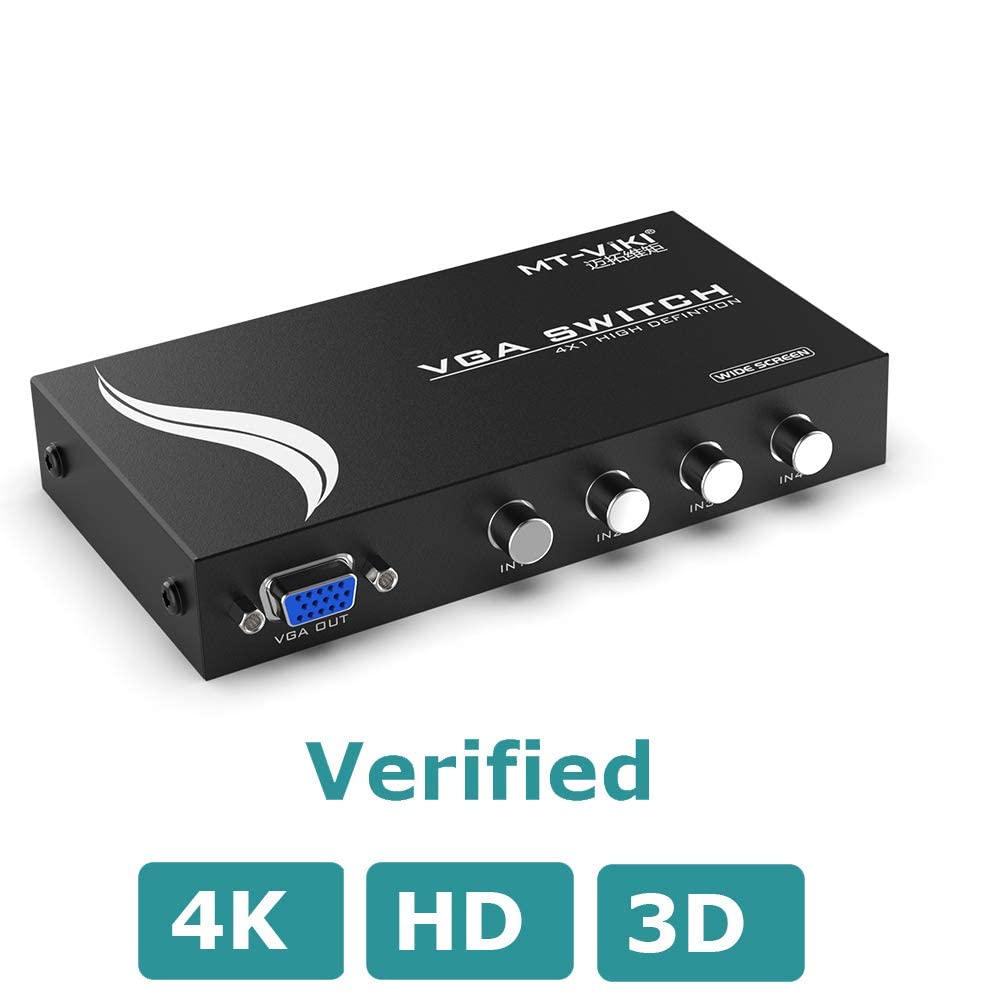 MT-VIKI 4-Port VGA Switch Box - Share 1 Monitor with 4 PCs, 1920x1440 Resolution - Ideal for Home Office, Gaming & Multi-Device Workspaces