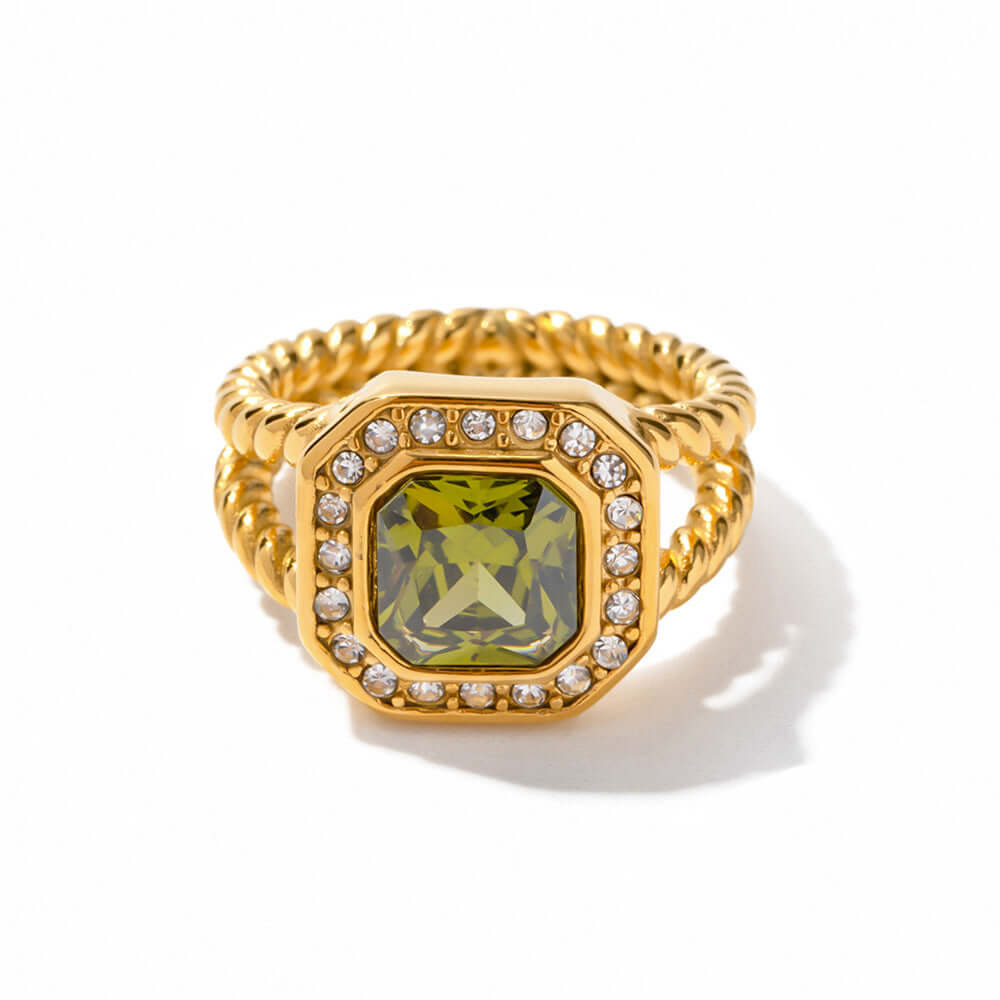18K Gold Vintage Green Cubic Zirconia Twist Split Ring - Elegant Jewelry for Women, Perfect for Parties, Weddings & Special Occasions | JDR694