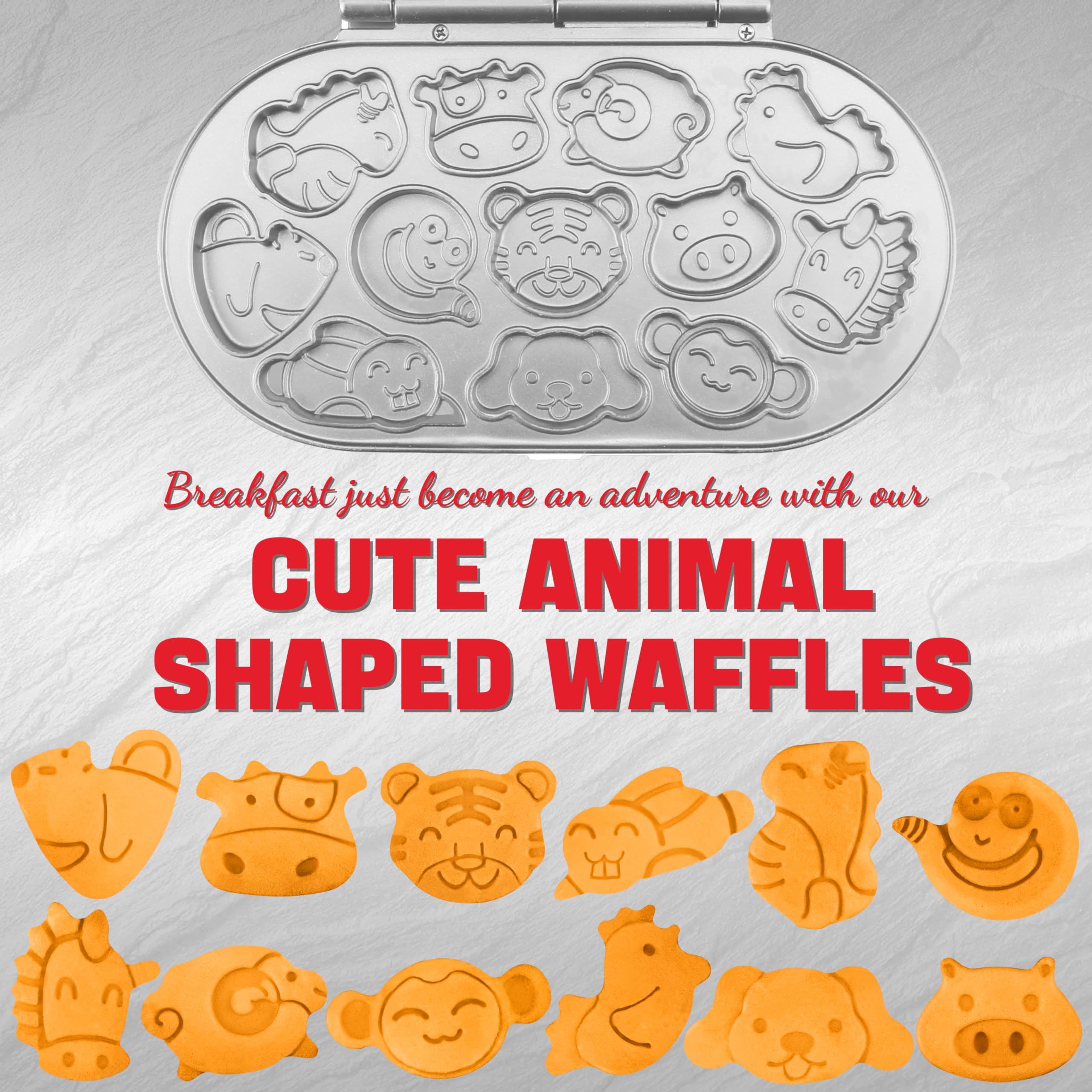 Mini Waffle Maker for Kids & Adults - 12 Animal-Shaped Pancake Molds, Non-Stick Electric Waffle Iron Machine - Perfect for Breakfast, Birthday Gifts & Holiday Cooking Fun (Christmas, Easter, Valentine's Day)