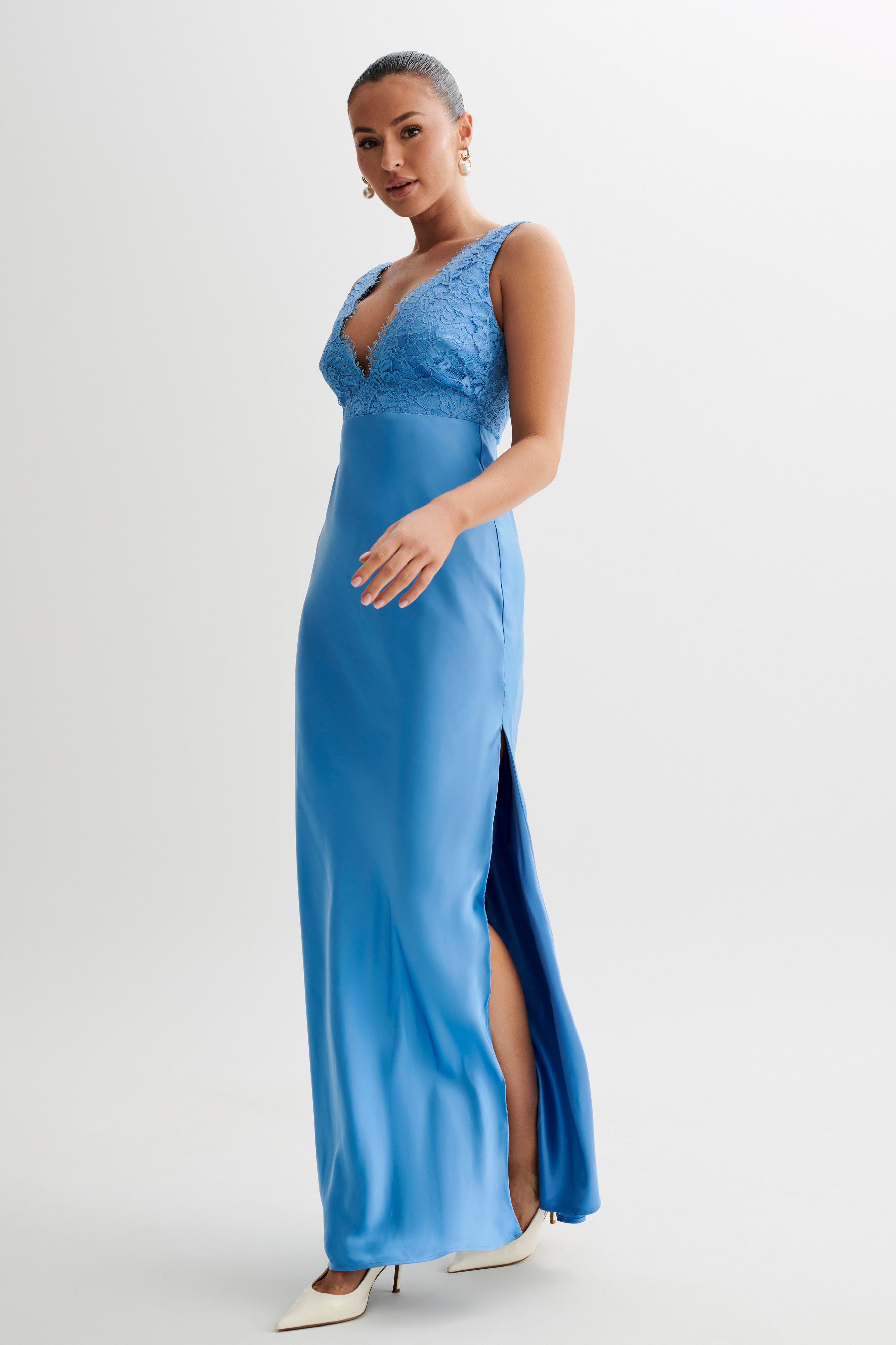 Elegant Ricci Satin & Lace Maxi Dress in Iris Blue - Perfect for Weddings, Parties & Special Occasions