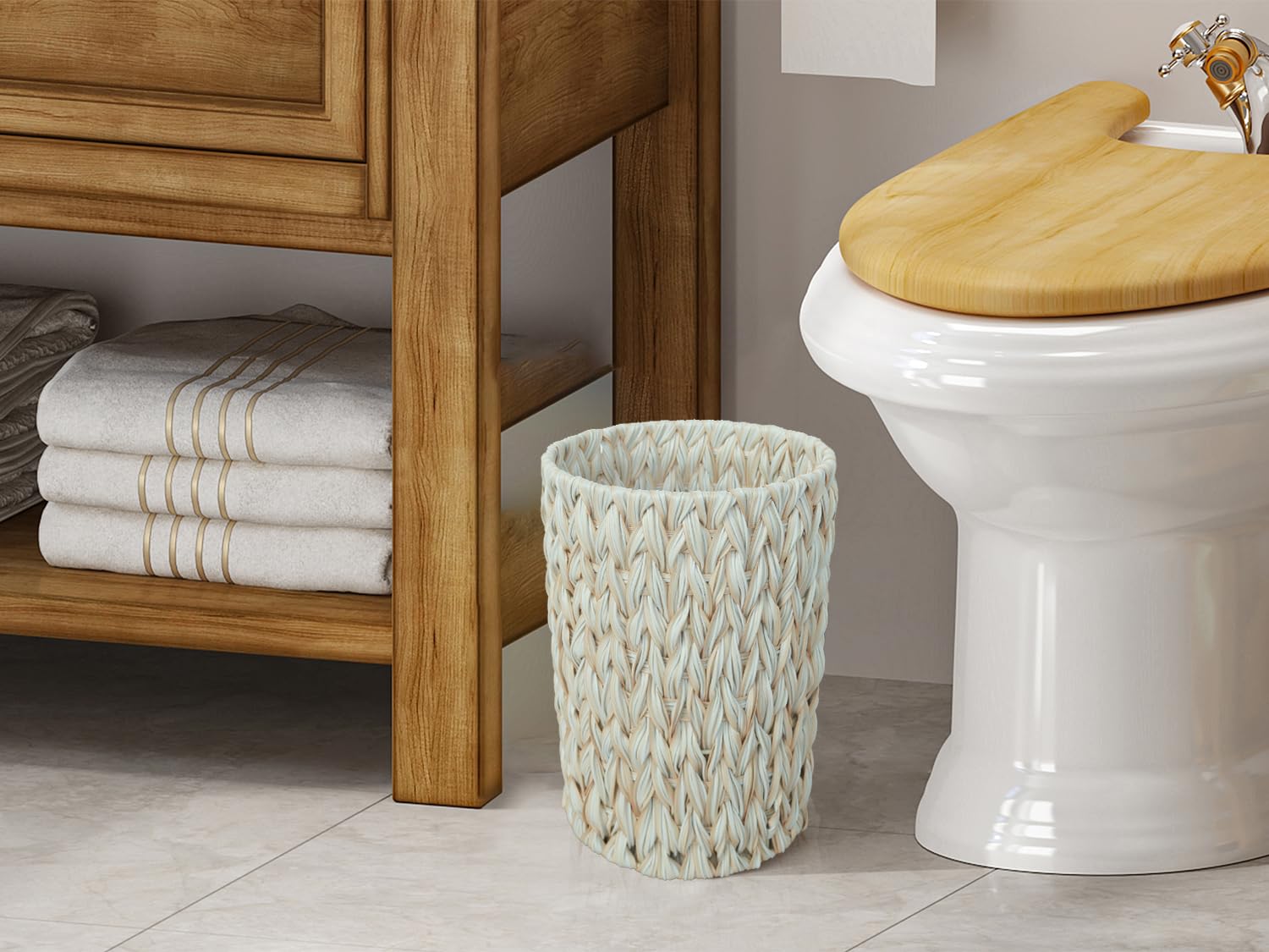 Wicker Trash Can 2 Gallon - Boho Decorative Waste Basket for Bathroom, Bedroom & Office - Cream White Small Garbage Bin - Perfect for Home, Dorm & Vanity Organization