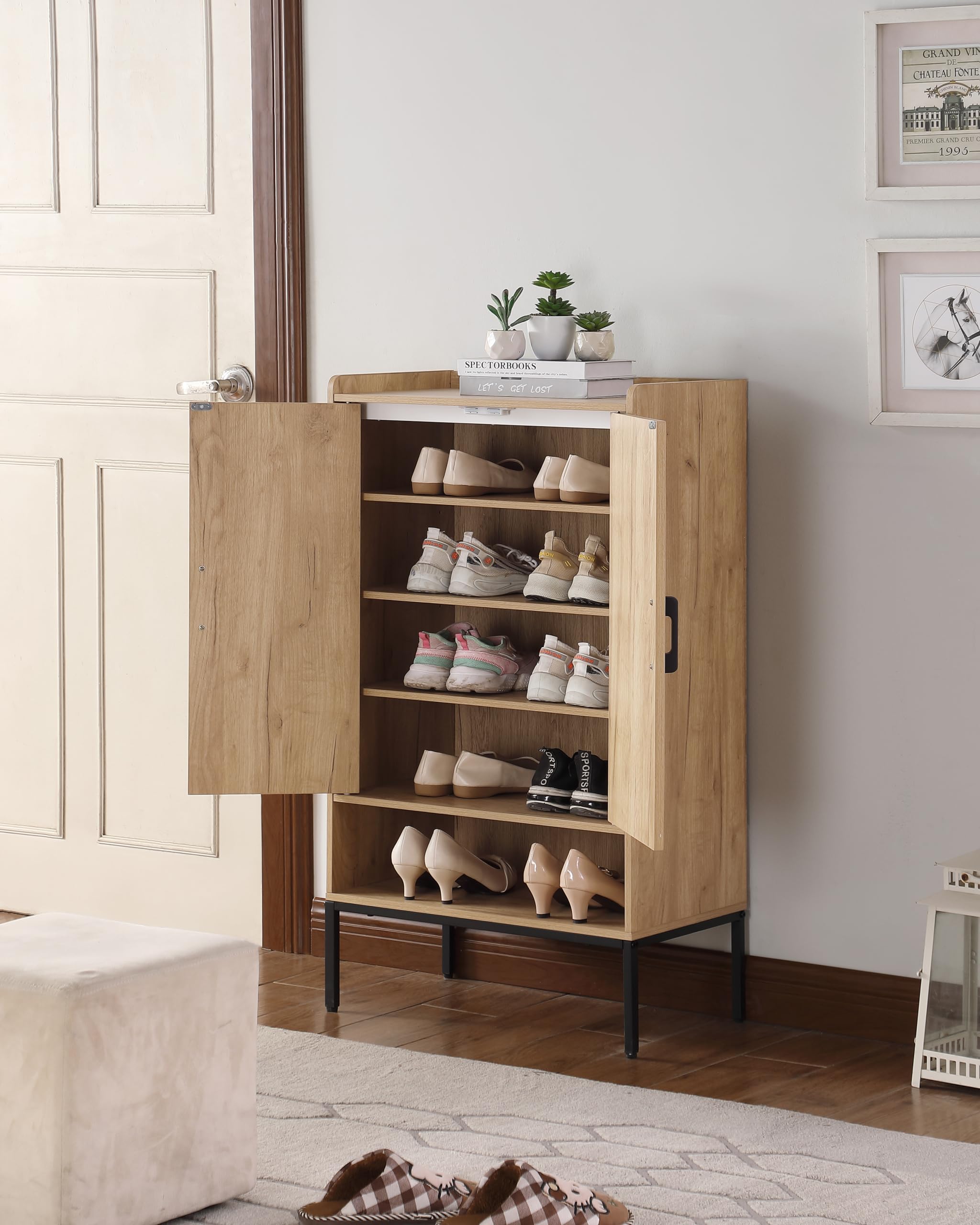 5-Tier Wooden Shoe Storage Cabinet with Rattan Doors & Open Shelves - Entryway Hallway Closet Bedroom Organizer - Natural Finish for Home Decor & Space Saving Solution