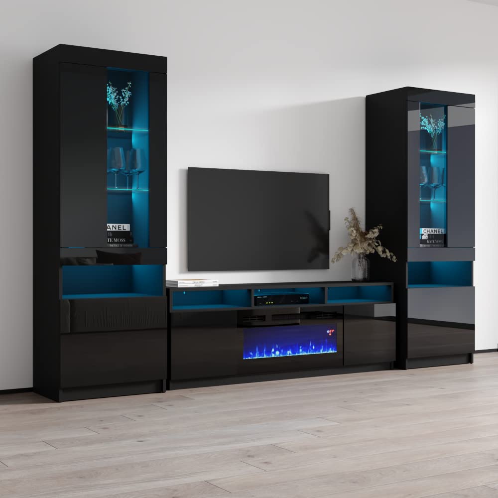 Reno 05 Electric Fireplace TV Stand with LED Lights - Modern Entertainment Center Console for Living Room & Bedroom - Komi Bookcase Included - Black - Perfect for Cozy Movie Nights & Stylish Home Decor