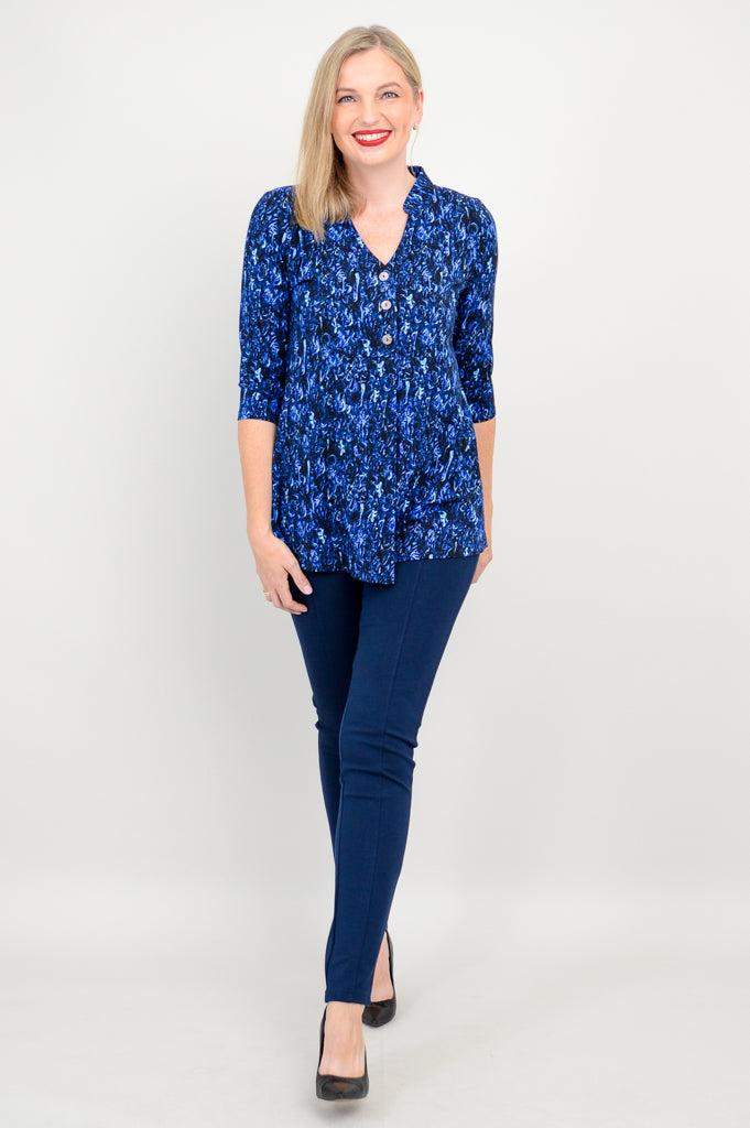 Edwina Women's Deepwater Blue Bamboo V-Neck Top - Soft & Breathable Casual Shirt for Summer, Work, and Travel