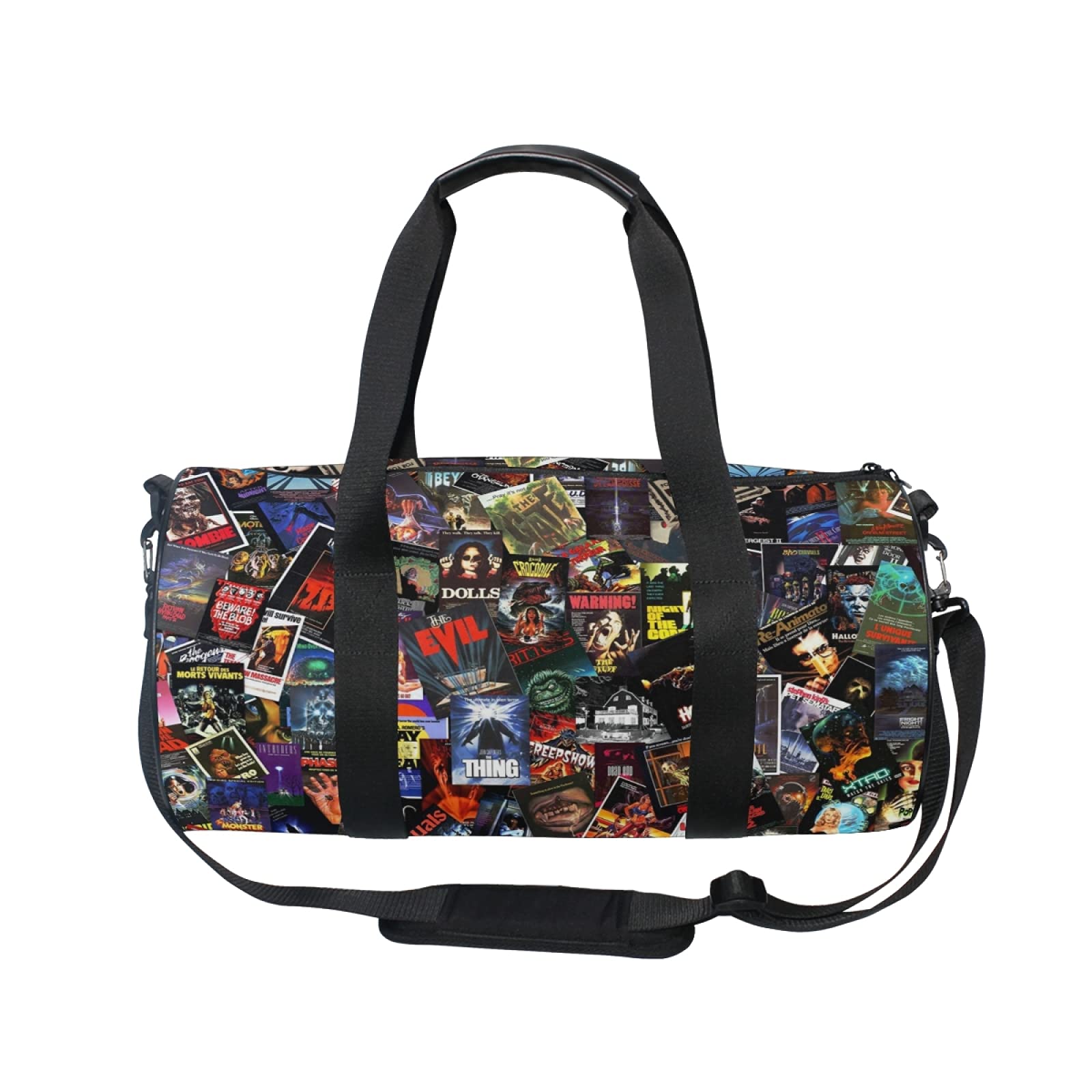 Horror Movie Themed Gym Bag - Vintage Videotape Collage Design Duffle Bag for Travel, Sports & Workout | Perfect for Gym Enthusiasts & Horror Fans