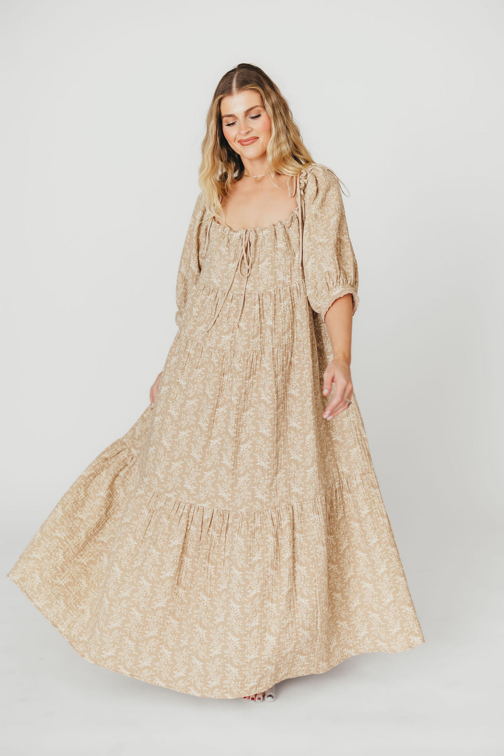 Peyton 100% Cotton Maternity Maxi Dress - Bump Friendly Floral Print in Mocha (XS-XL) | Perfect for Pregnancy, Baby Showers & Summer Vacations