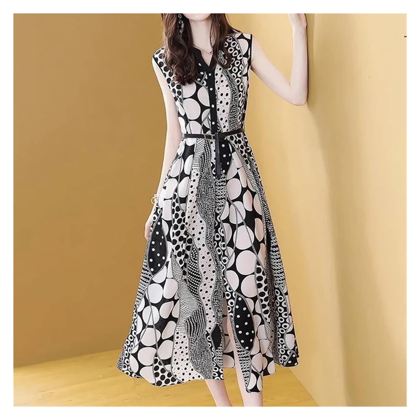 Retro Floral Print Chiffon Midi Dress for Women - Sleeveless Summer Tank Dress with Waist Design, Elegant & Stylish (Color A, Size XXXXL) - Perfect for Beach Vacations, Garden Parties & Date Nights
