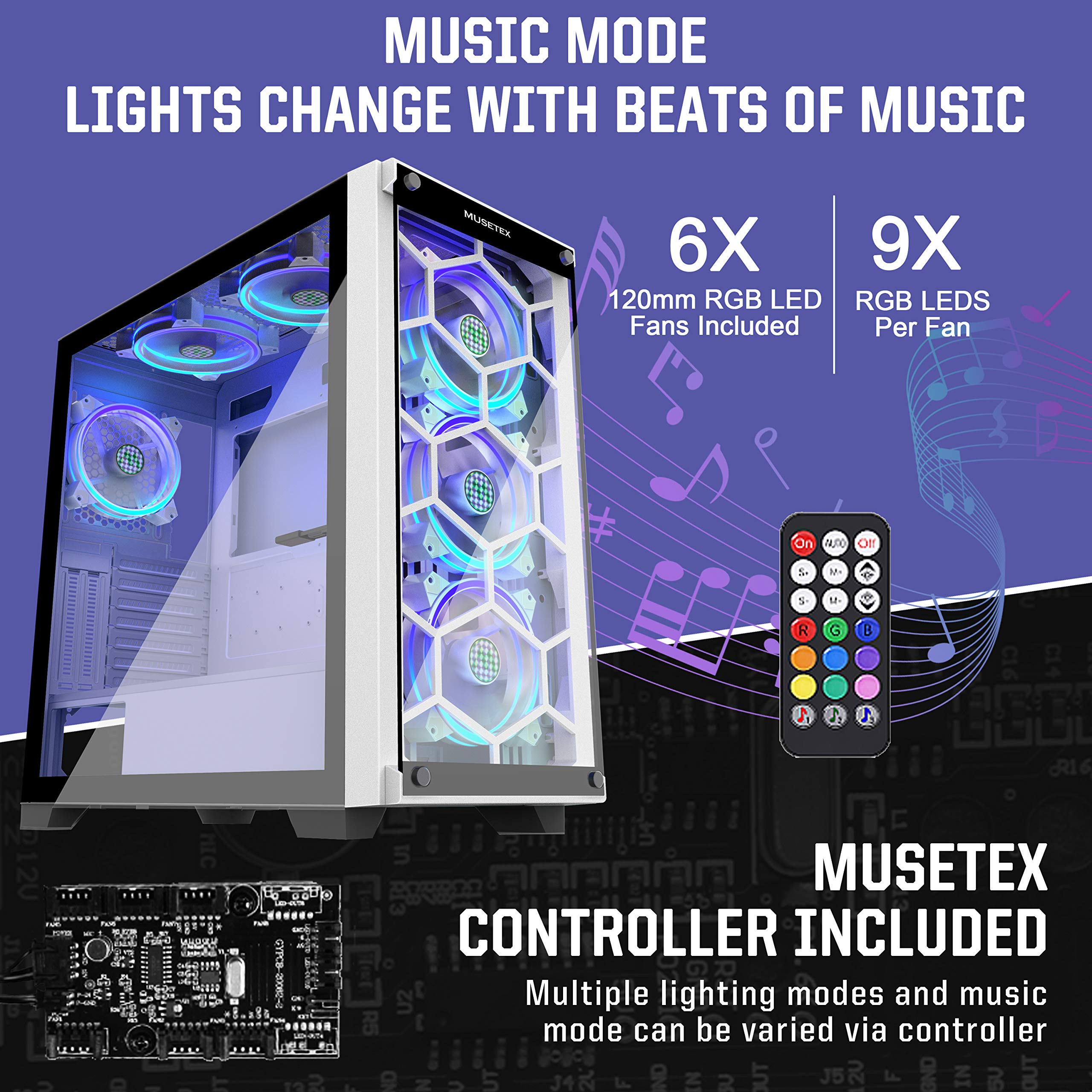 MUSETEX Mid-Tower ATX PC Gaming Case with 6 ARGB Fans, 2x USB 3.0 Ports, Tempered Glass Panels & Voice Remote Control - Supports E-ATX Motherboard for High-Performance Gaming & Streaming Setup