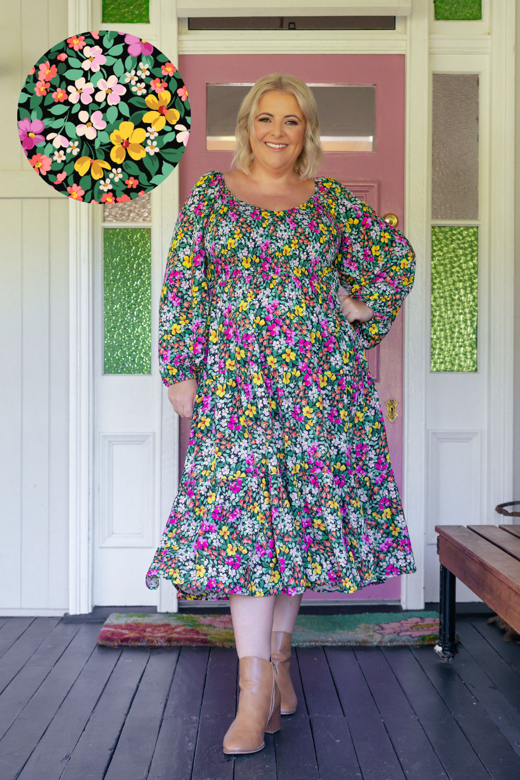 Peri Long Sleeve Midi Dress - Floral Garden Stroll Print - Women's Elegant Tea Length Dress for Brunch, Wedding Guest & Spring Occasions