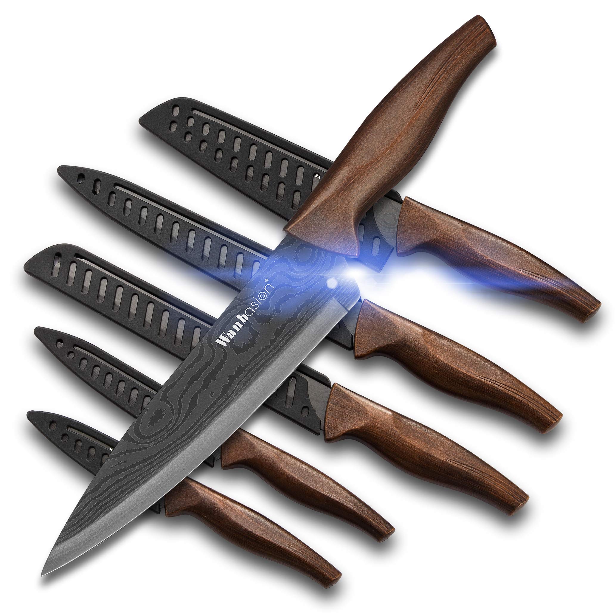 Wanbasion Matte Black Titanium Plated Stainless Steel Professional Chef Knife Set, Dishwasher Safe Damascus Style Kitchen Knives for Home Cooking and Gourmet Prep