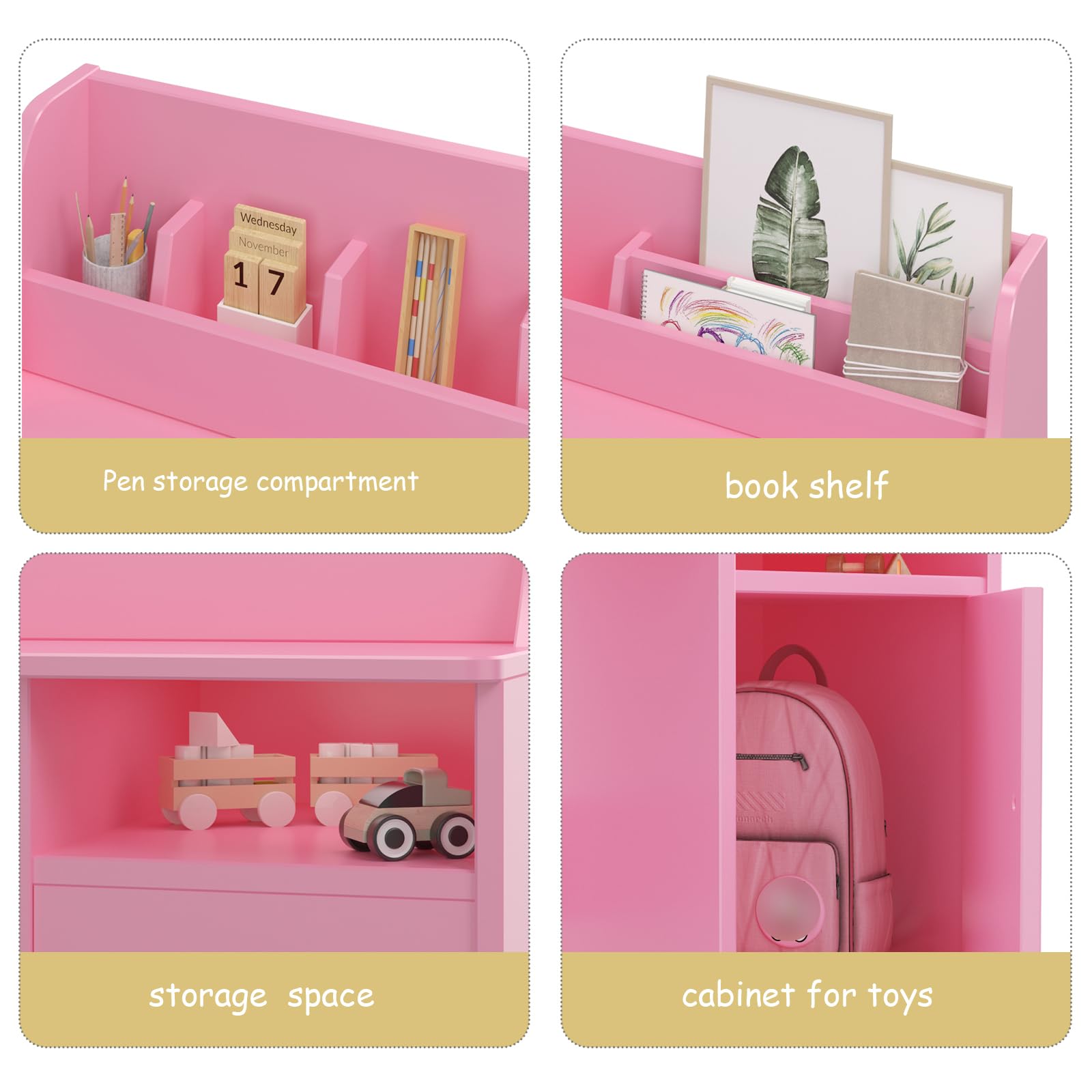 White Kids Desk with Chair - Wooden Study Desk for Boys & Girls, Hutch & Storage Cabinet, Children's Writing Table & Computer Workstation - Perfect for Bedroom, Study Room & Homeschooling (Pink)