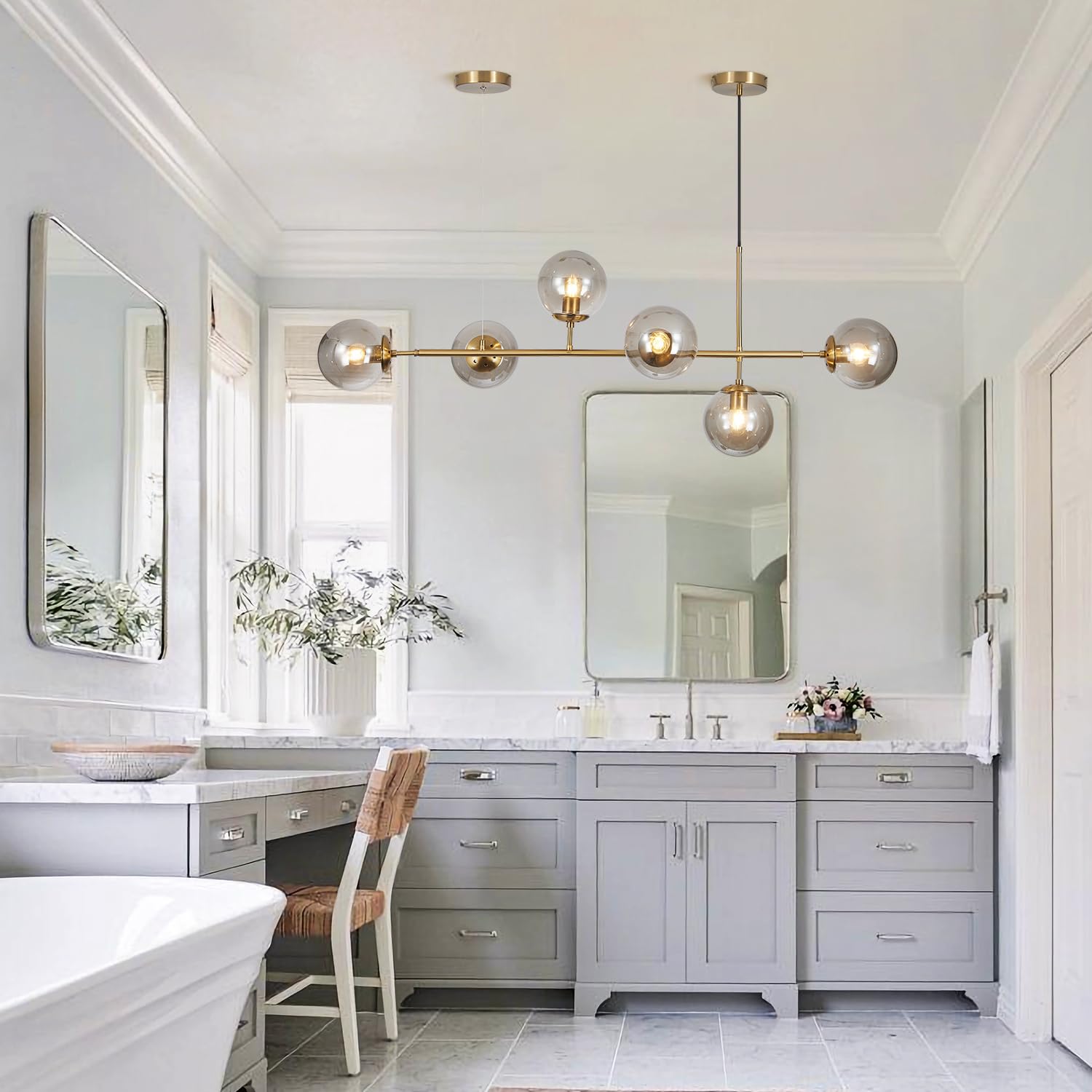 KCO Modern Globe Sputnik Chandelier - 6-Light Gold Linear Pendant Light Fixture with Smoke Gray Glass, Mid Century Style - Perfect for Kitchen Island, Dining Room, Living Room, Entryway & Modern Home Decor