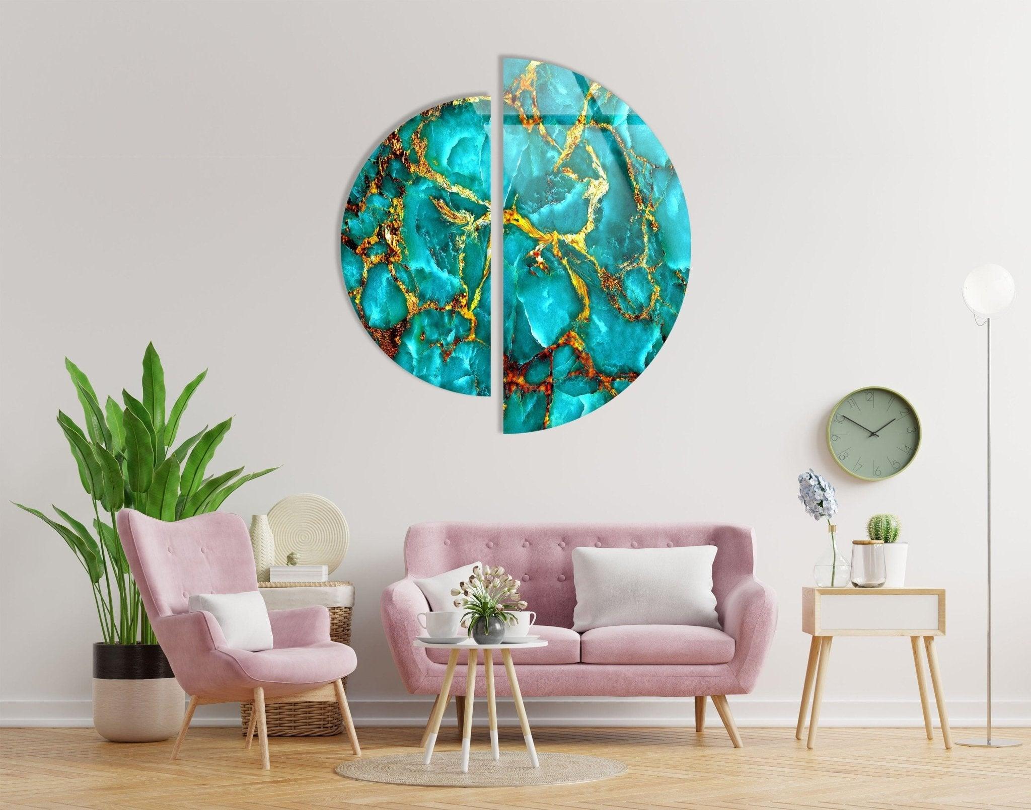 2 Piece Green & Gold Marble Glass Wall Art Set - Modern Abstract Home Decor for Living Room, Bedroom, Office - Shatterproof Tempered Glass Hanging Art Panels