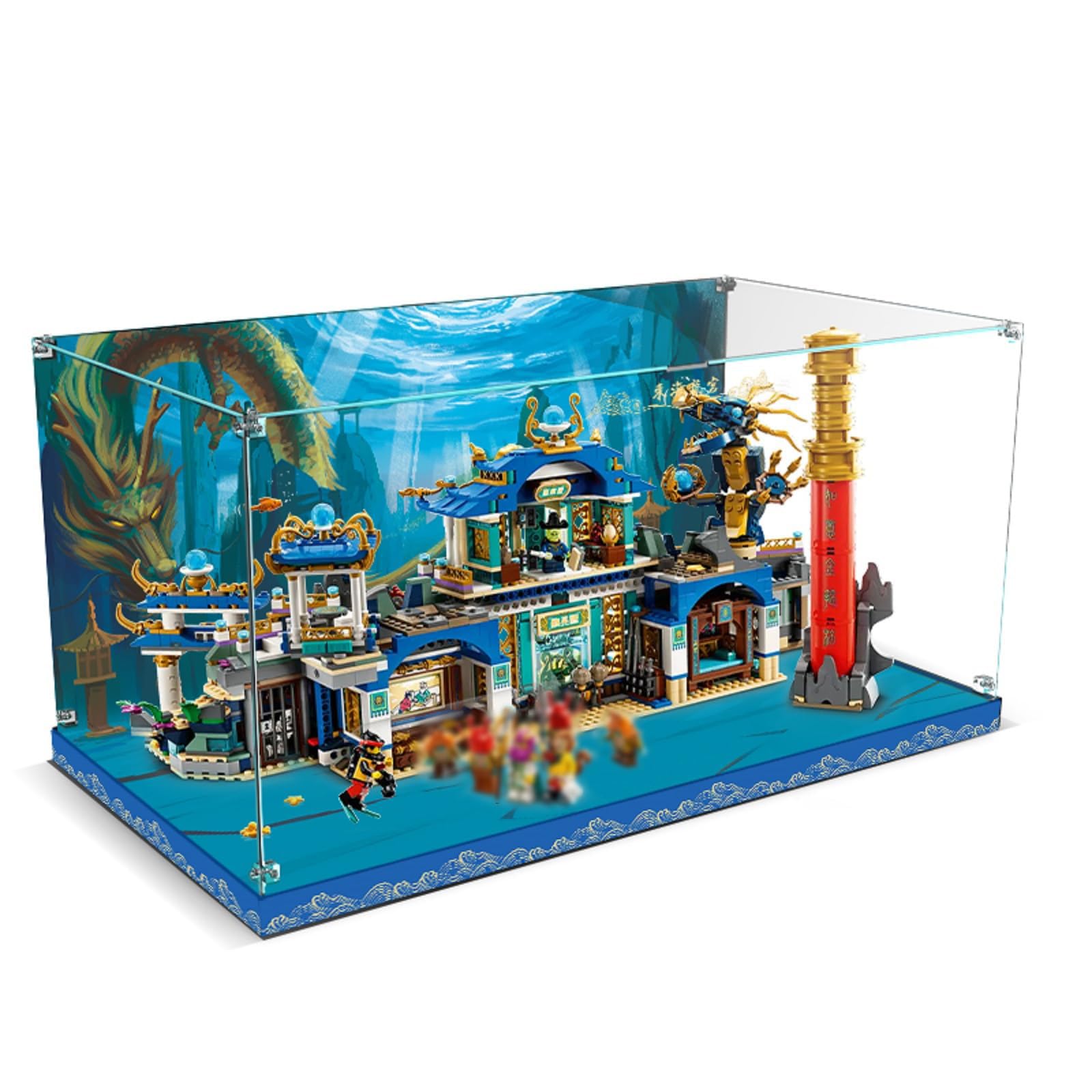 Acrylic Display Case for Lego Monkie Kid 80049 Dragon of The East Palace Building Set - Clear Protective Cover with Base & HD Painted Background | Perfect for Showcasing Collectible Lego Models at Home or Office