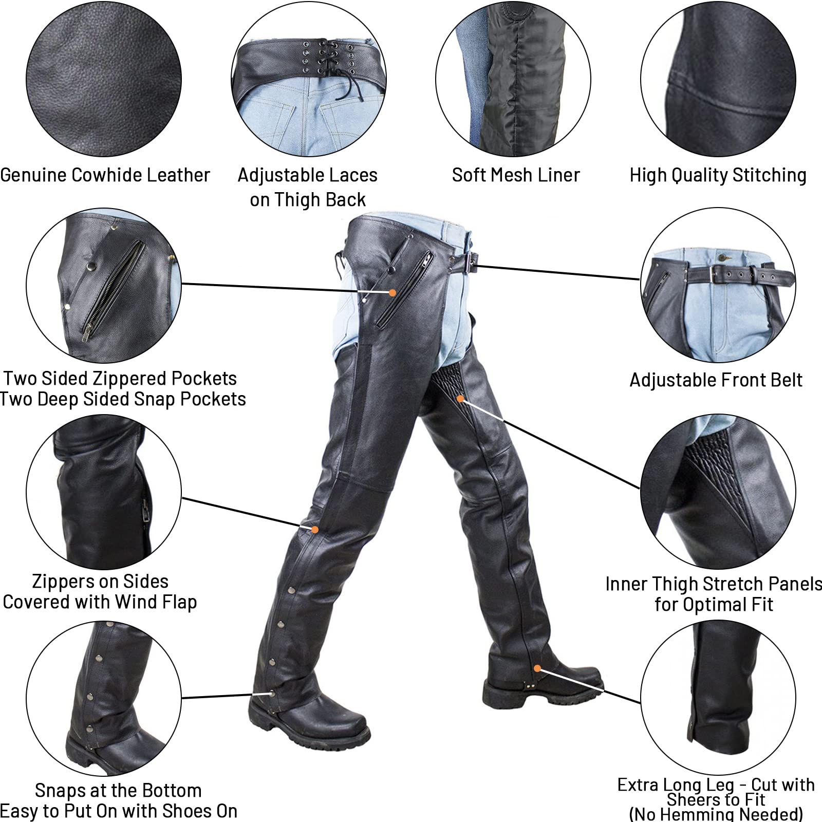 Black Leather Motorcycle Riding Chaps for Men & Women - Cowboy Biker Pants with Liner & 4 Pockets | Durable Protection for Harley, Cruiser & Adventure Riding