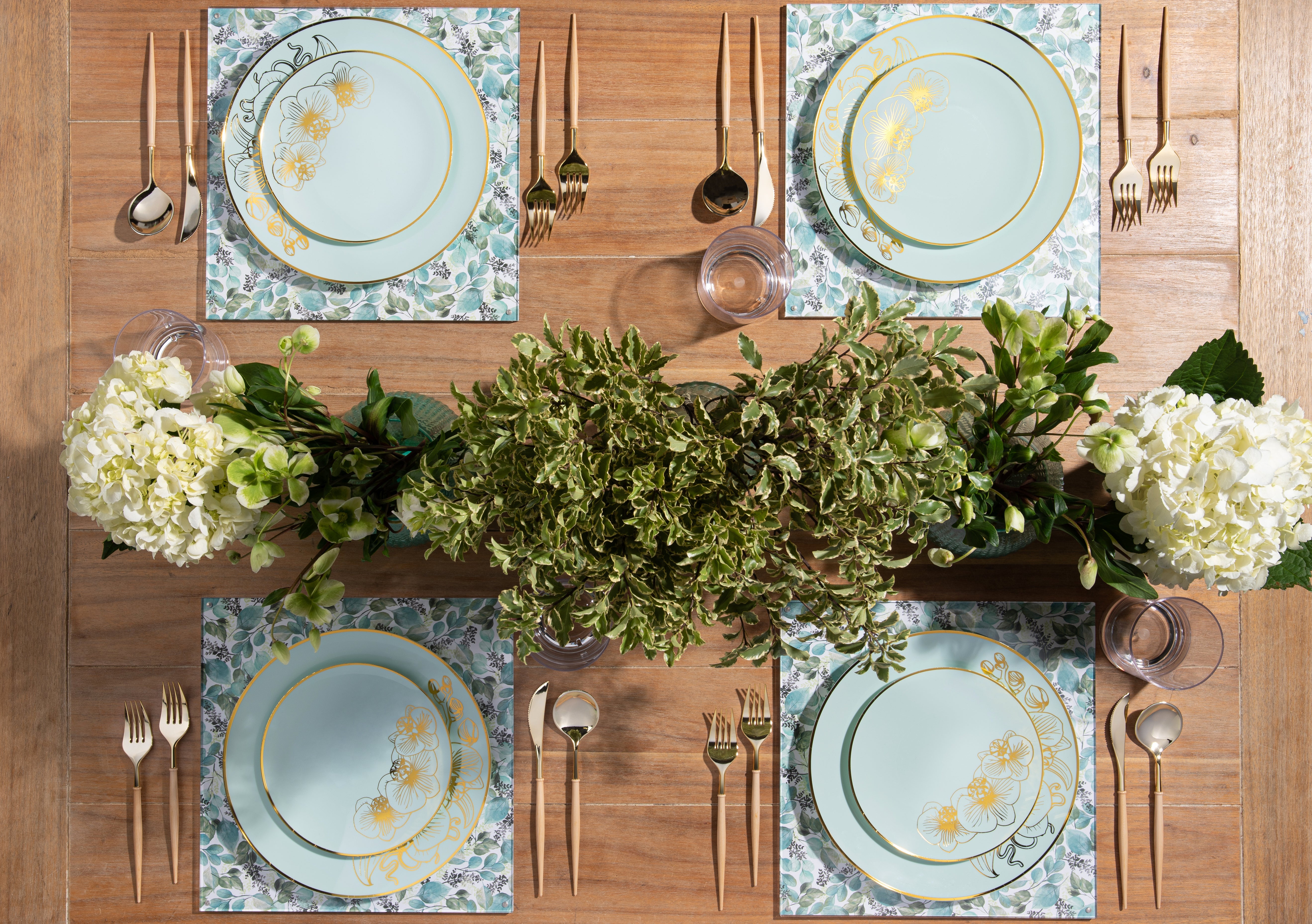 32-Piece Antique Turquoise and Gold Round Plastic Dinnerware Set - 16 Place Settings - Elegant Orchid Design for Parties, Weddings & Outdoor Dining