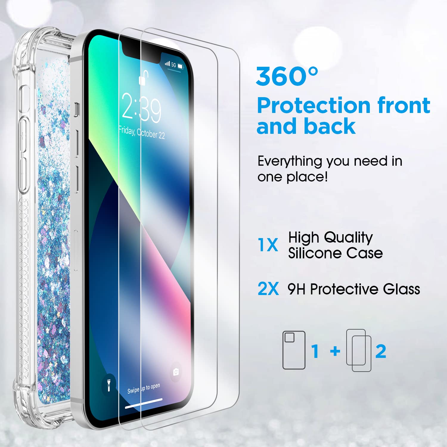 ANSHOW Liquid Glitter iPhone 13 Pro Max Case for Women - Slim Clear Sparkly Protective Cover with 2 Screen Protectors | Cute Bling Design for Girls | Perfect for Everyday Use, Parties & Gift Giving