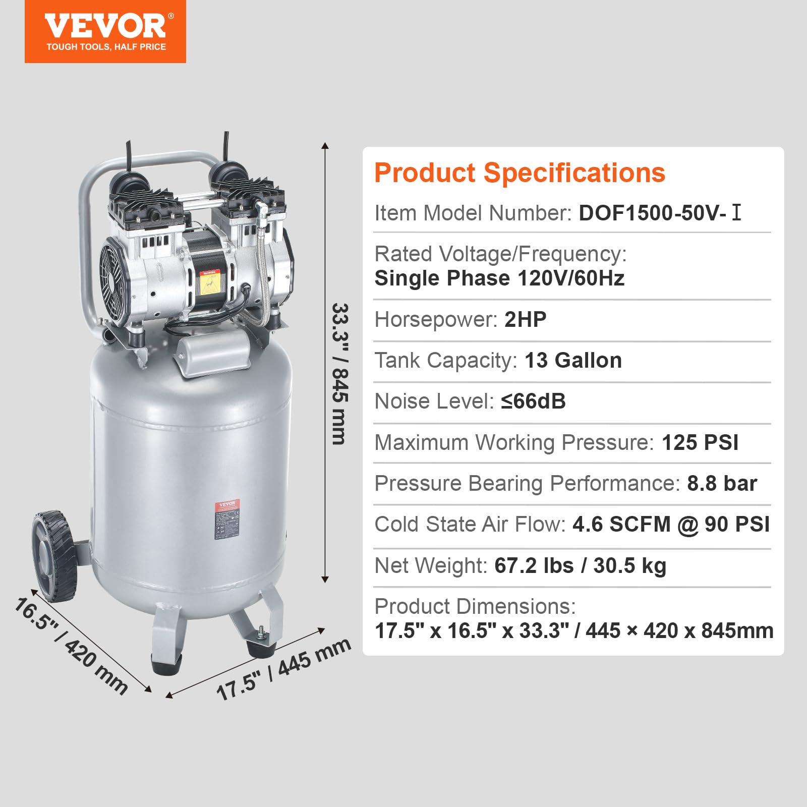 VEVOR 13 Gallon Air Compressor - 2HP Oil-Free 4.6 SCFM@90PSI with 125PSI Max Pressure, 66dB Ultra Quiet 120V Electric Air Compressor for Auto Repair, Spray Painting, Woodworking, Nailing & DIY Projects - Perfect for Home Garage, Workshop and Construction Sites