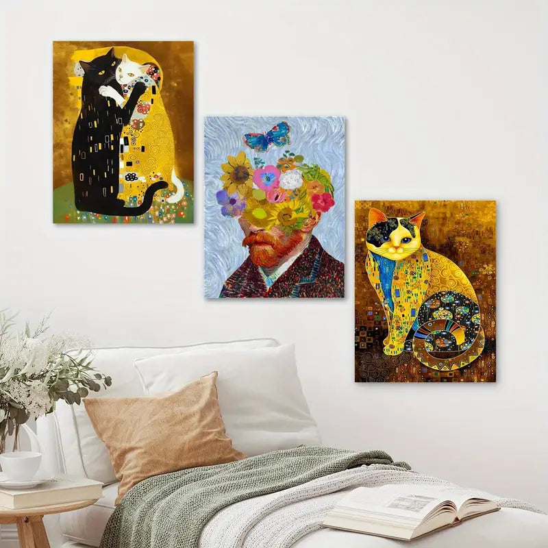 3-Piece Vintage Animal Print Wall Art - Funny Cat Hugging Abstract Metal Prints - Ready to Hang Home Decor for Living Room, Bedroom & Office
