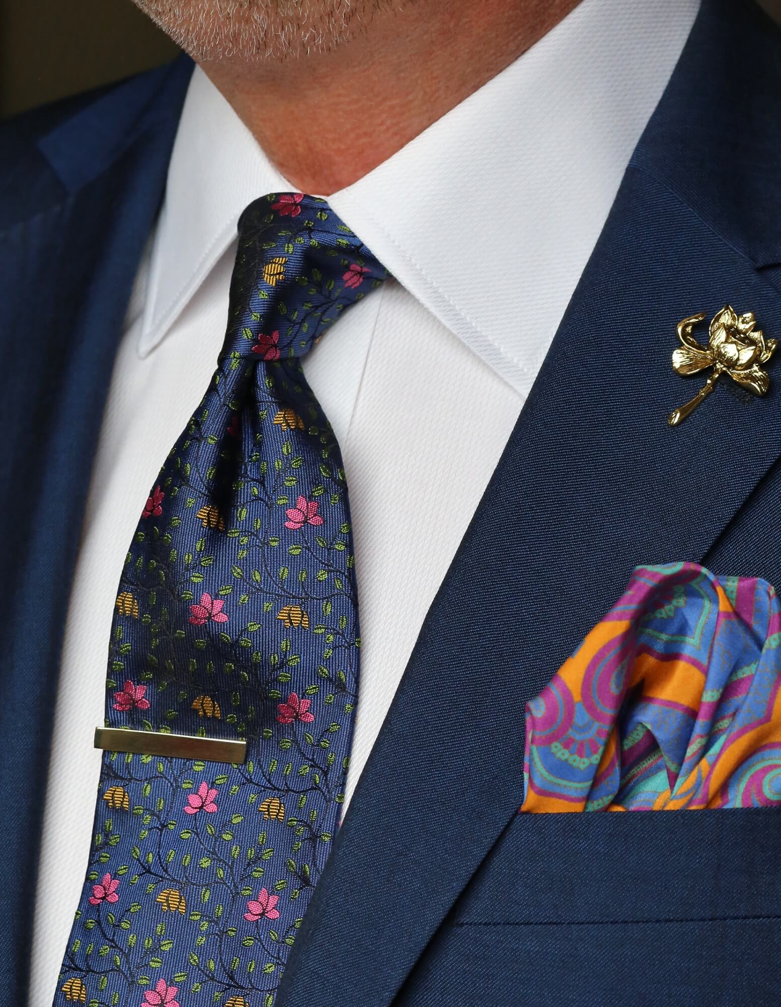 ROBERT KEYTE Navy Blue Floral Necktie for Men - Elegant Silk Tie for Weddings, Business & Formal Occasions