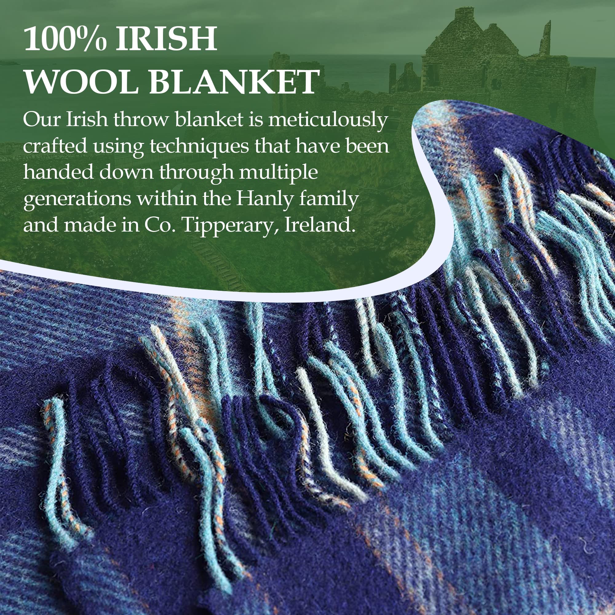 Authentic Irish 100% Wool Throw Blanket - Traditional Plaid Print, Ultra Soft & Warm Heirloom Quality Lambswool - Imported from Ireland - 54