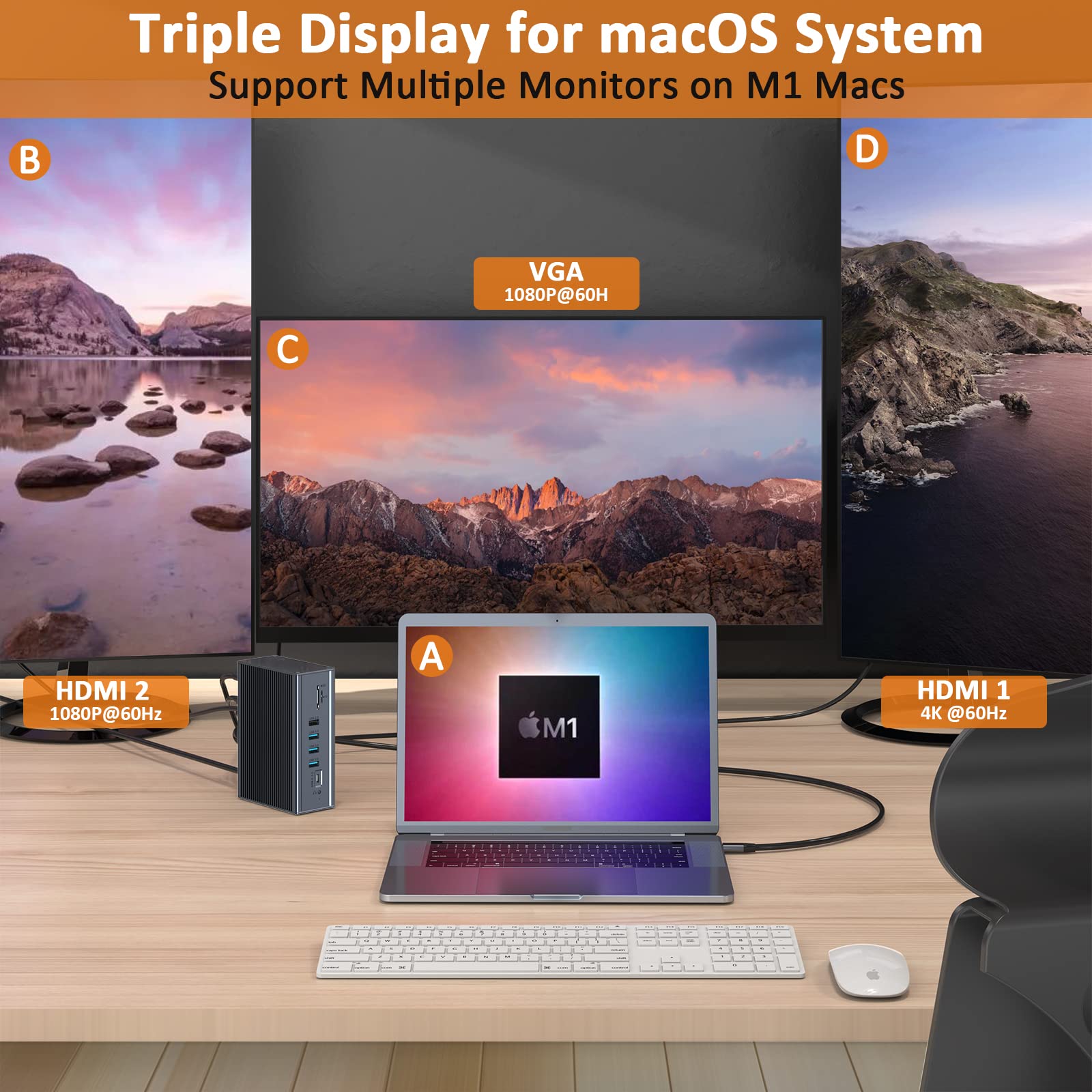 16-in-1 USB C Laptop Docking Station with Dual HDMI & VGA - Universal USB C Hub for MacBook Pro/Air, Windows Laptops - 6 USB Ports, SD/TF Card Reader, Ethernet, 3.5mm Audio - Perfect for Home Office & Multi-Monitor Workstations