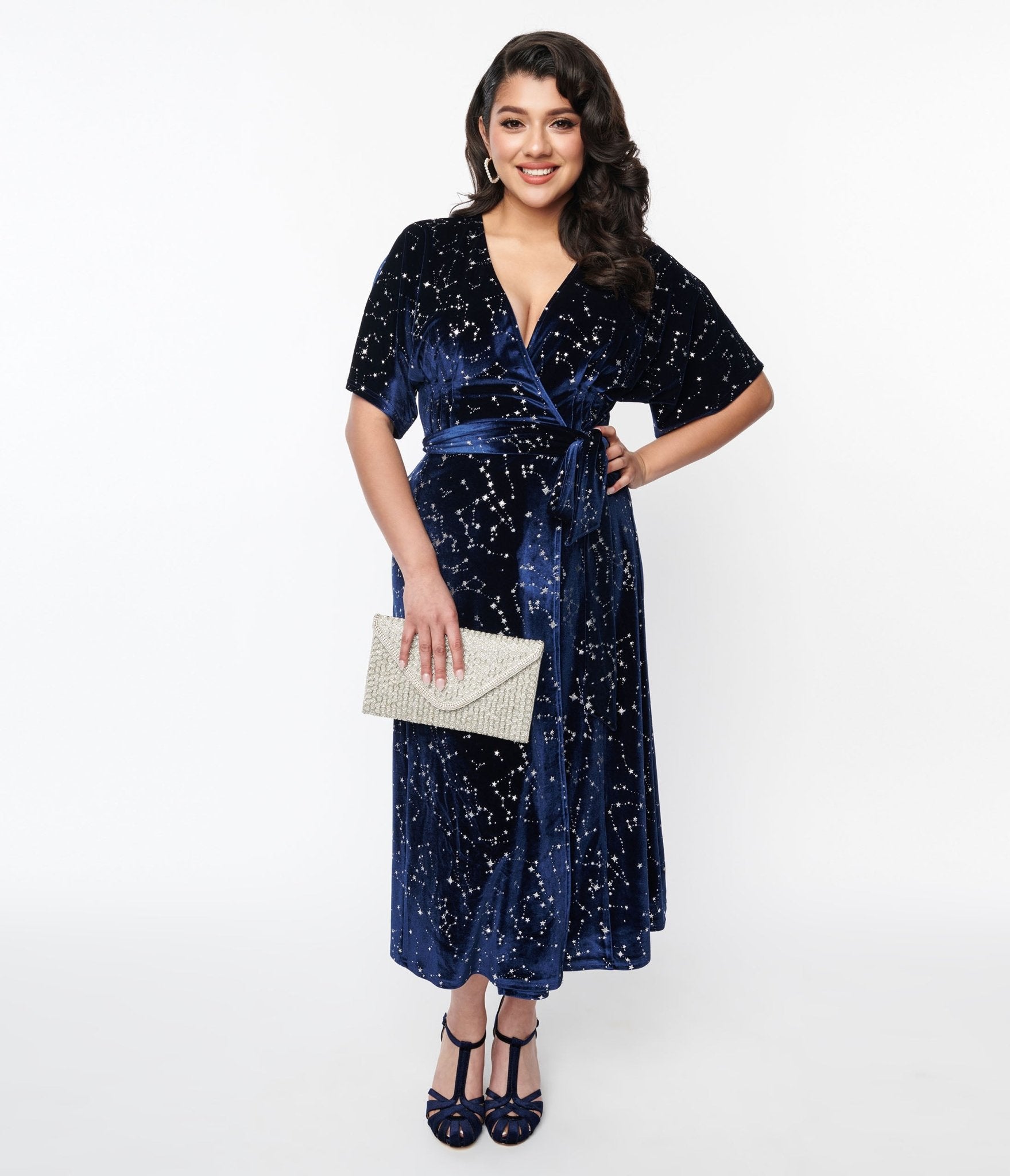 Vintage 1970s Navy Blue Velvet Wrap Dress with Silver Stars - Retro Midi Dress for Women, Perfect for Holiday Parties & Special Occasions