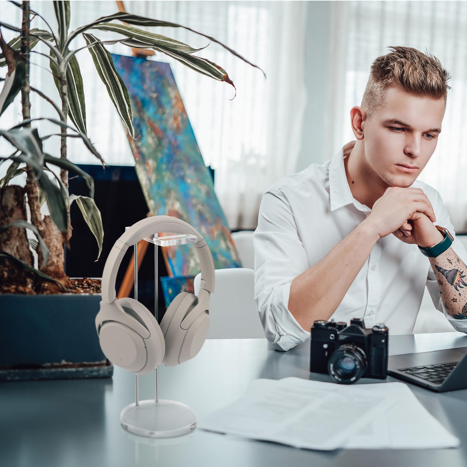 Xuhal Clear Acrylic Headphone Stand with Metal Base - Universal Gaming Headset Holder for Desk Display | Perfect for Home Office, Gaming Setup & Studio Organization