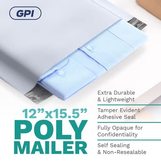 500 Pack White 12x15.5 Inch 2.5 Mil Poly Mailer Envelopes - Waterproof, Tear & Puncture Proof Self Seal Plastic Mailing Bags with Adhesive Strip | Perfect for Ecommerce Shipping, Amazon FBA, Clothing & Small Item Packaging