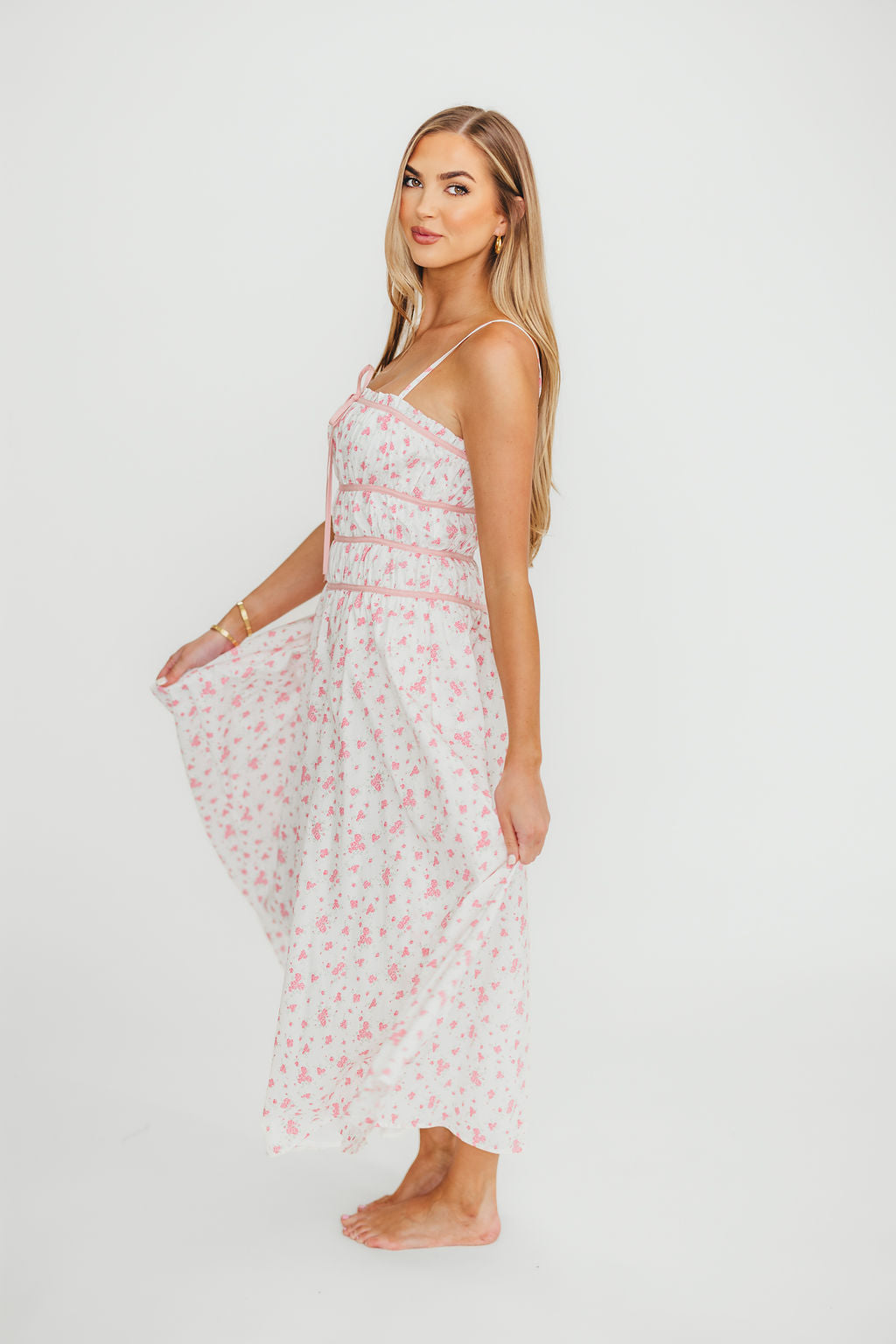 Vanessa Floral Print Midi Dress for Women - Elegant Pink Summer Dress for Casual Wear, Parties & Date Nights