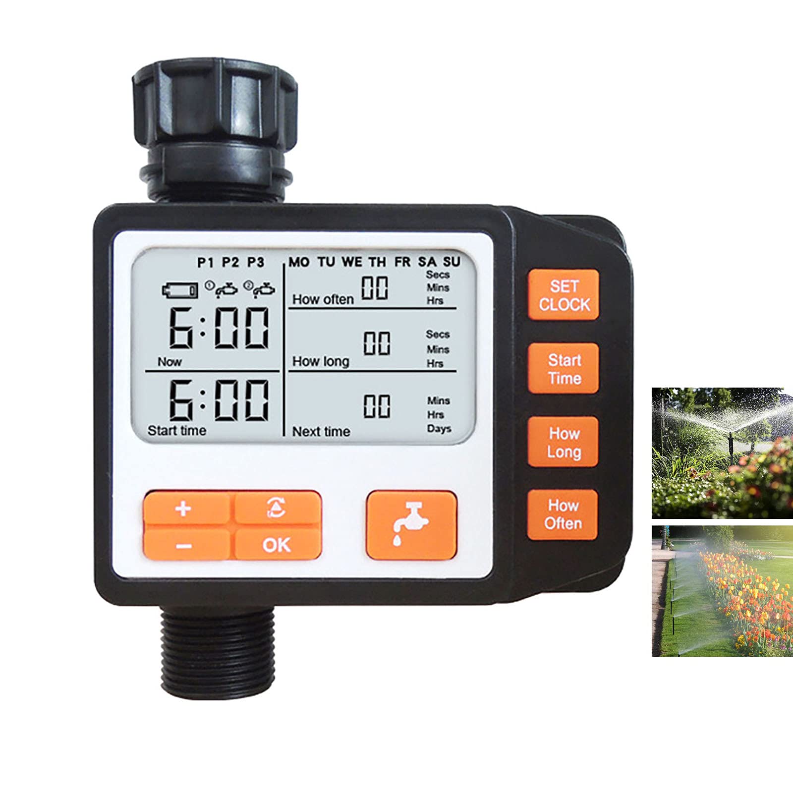 URJEKQ 6-Zone Programmable Garden Sprinkler Timer with Auto/Manual Mode - Smart Water Timer for Lawn Irrigation System, Automatic Watering Device for Outdoor Plants, Flowers & Vegetable Gardens
