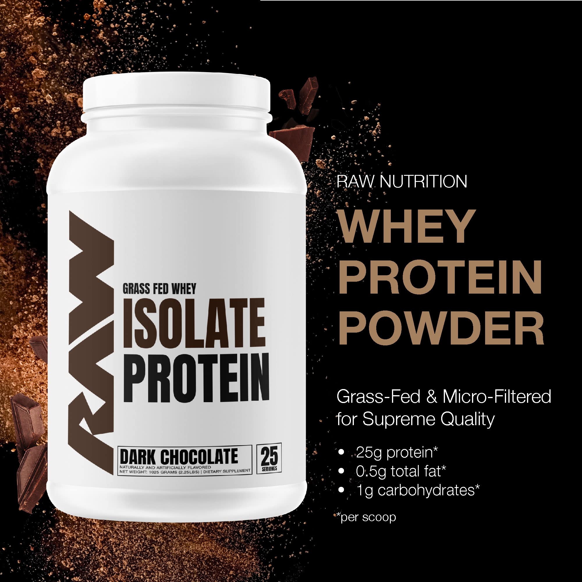 100% Grass-Fed RAW Whey Isolate Protein Powder - Dark Chocolate Flavor | Low-Fat, Low-Carb Muscle Recovery & Growth Supplement | 25 Servings | Ideal for Post-Workout, Weight Management & Healthy Lifestyle