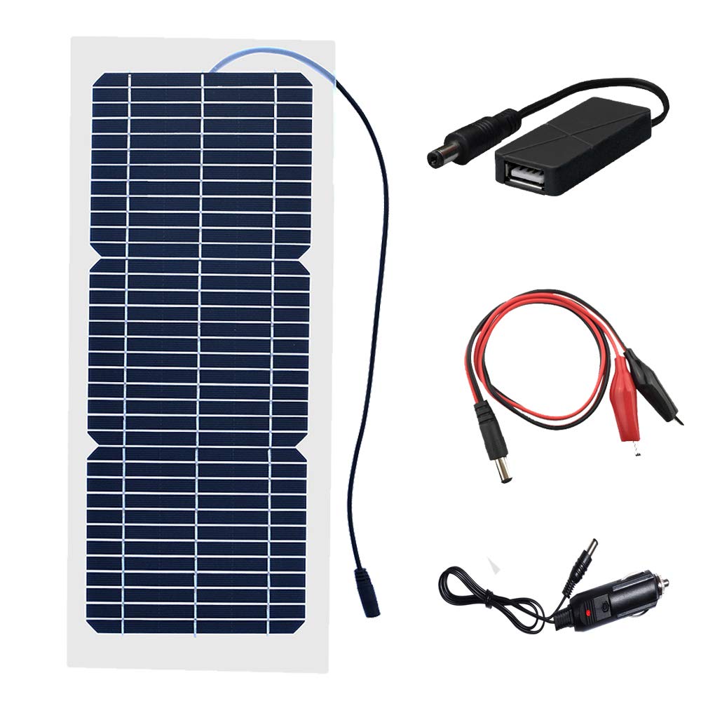 10W 18V Solar Panel Trickle Charger & Battery Maintainer - Portable Power Backup Kit with Battery Cable, USB, DC Output for Car, Boat, Motorcycle, RV, Mobile Phone - Ideal for Outdoor Camping, Emergency Power & Off-Grid Charging