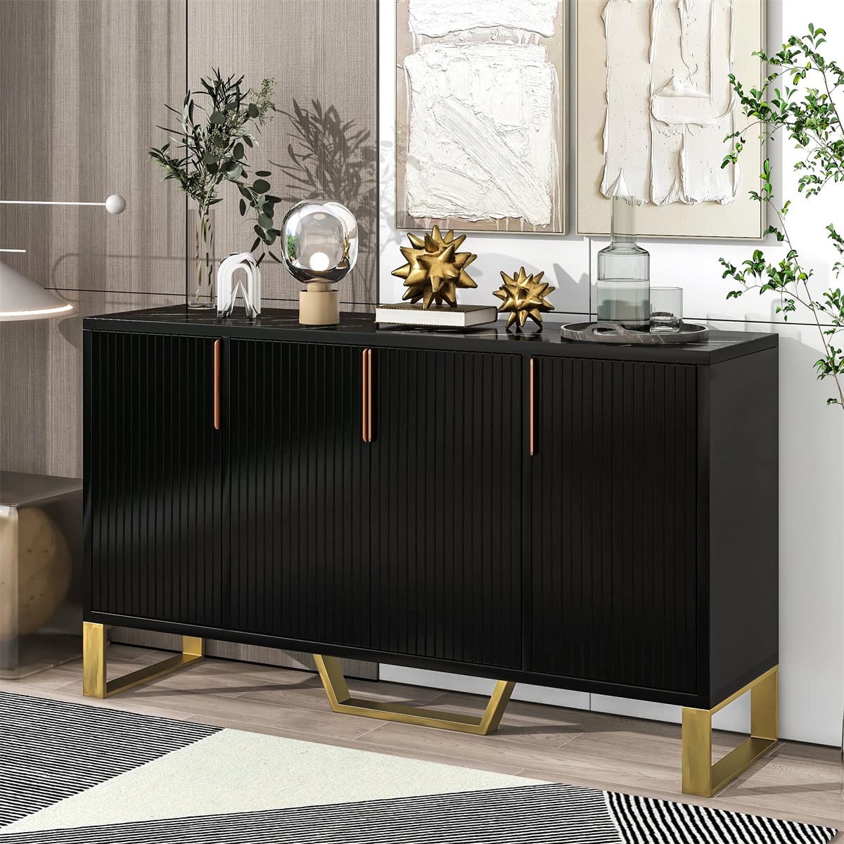 Modern 4-Door Mid Century Storage Cabinet with Metal Handles & Legs - Adjustable Shelves Kitchen & Living Room Sideboard - Black | Perfect for Dining Room, Hallway & Home Office Organization