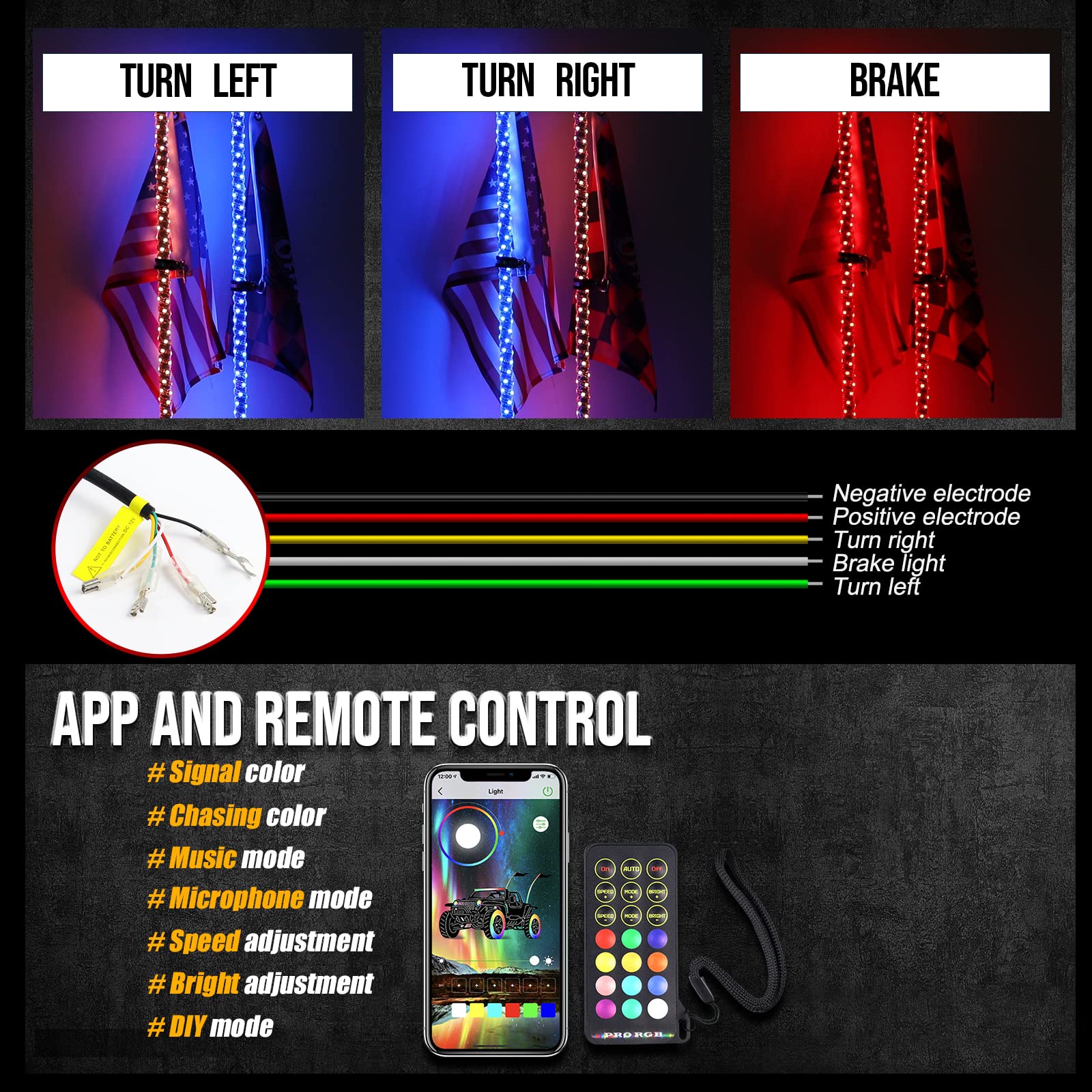 2PCS 5FT LED Whip Lights with Chasing Colors & App Control - UTV ATV Off-Road Accessories with Spring Base, Remote & Rocker Switch - Perfect for Can-Am, Polaris RZR, Dune Buggies - Ideal for Night Rides, Off-Road Adventures & Desert Racing