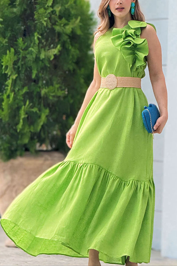 Elegant Solid Color Sleeveless Ruffled Maxi Dress for Women - Summer Casual Stitching Flowy Beach Dress for Vacation, Party & Outdoor Events
