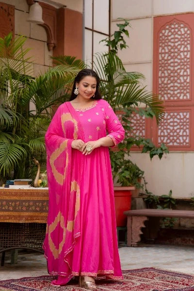 Stylish Pink Bandhani Anarkali Plus Size Kurti Dupatta Set of 2 - Elegant Indian Ethnic Outfit for Women, Perfect for Weddings, Festivals & Special Occasions