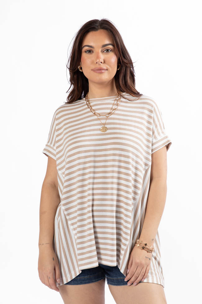 Had It All Beige and Ivory Oversized Stripe T-Shirt - Women's Casual Loose Fit Tee for Everyday Wear & Layering