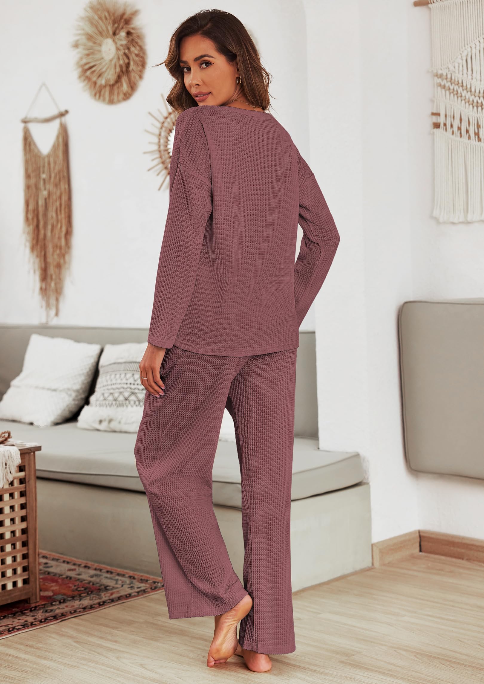Ekouaer Women's Waffle Knit Pajama Set - Soft Long Sleeve Lounge Wear 2-Piece Matching PJ Set with Pockets | Cozy Sleepwear for Winter Nights & Relaxing at Home