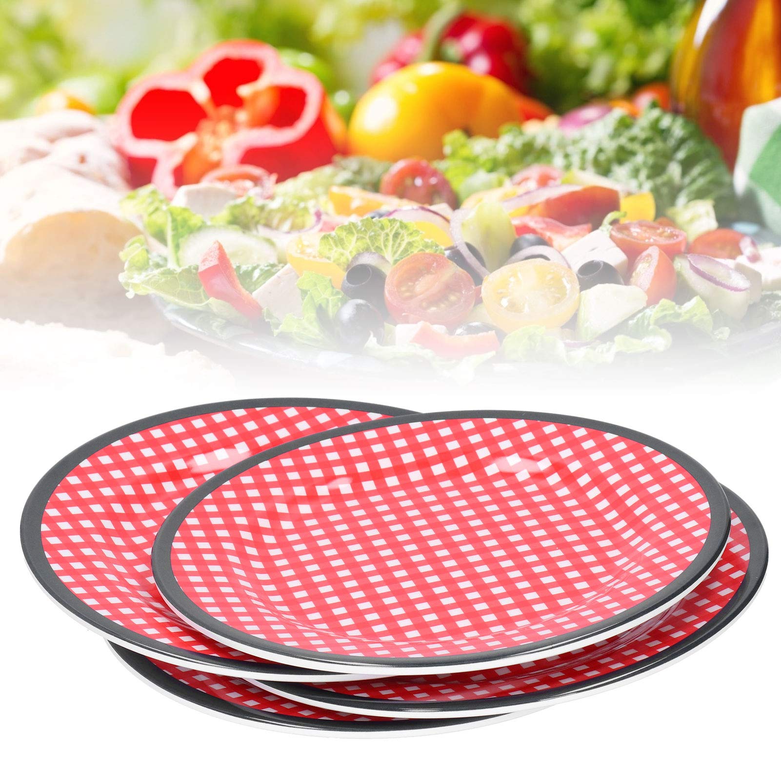 Yosoo 4-Piece 9-Inch Red Grid Salad Plates Set - Durable Dinnerware for Restaurants, Hotels & Home Use - Perfect for Serving Fruits, Desserts, Appetizers & Party Dishes