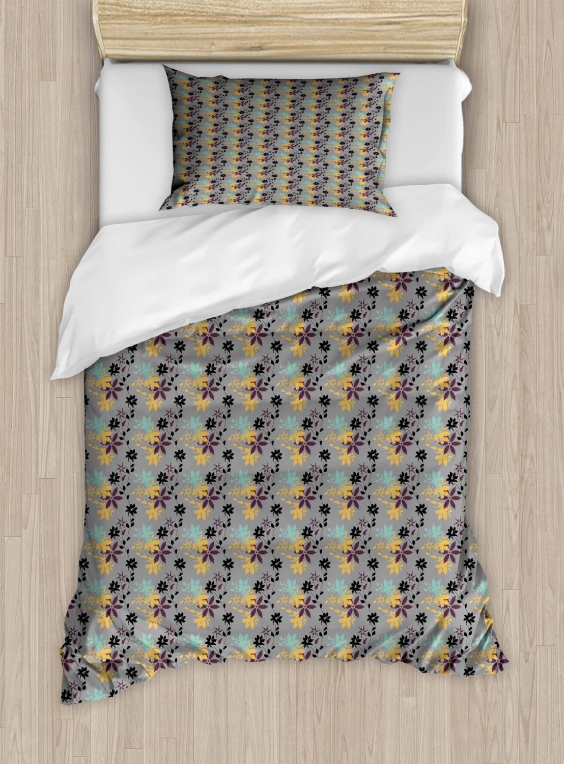 Ambesonne Floral Duvet Cover Set - King Size 2-Pack with 4 Pillowcases | Dark Background Autumn Leaves & Flower Petals Design | Luxury Bedding for Master Bedroom, Guest Room & Cozy Fall Decor