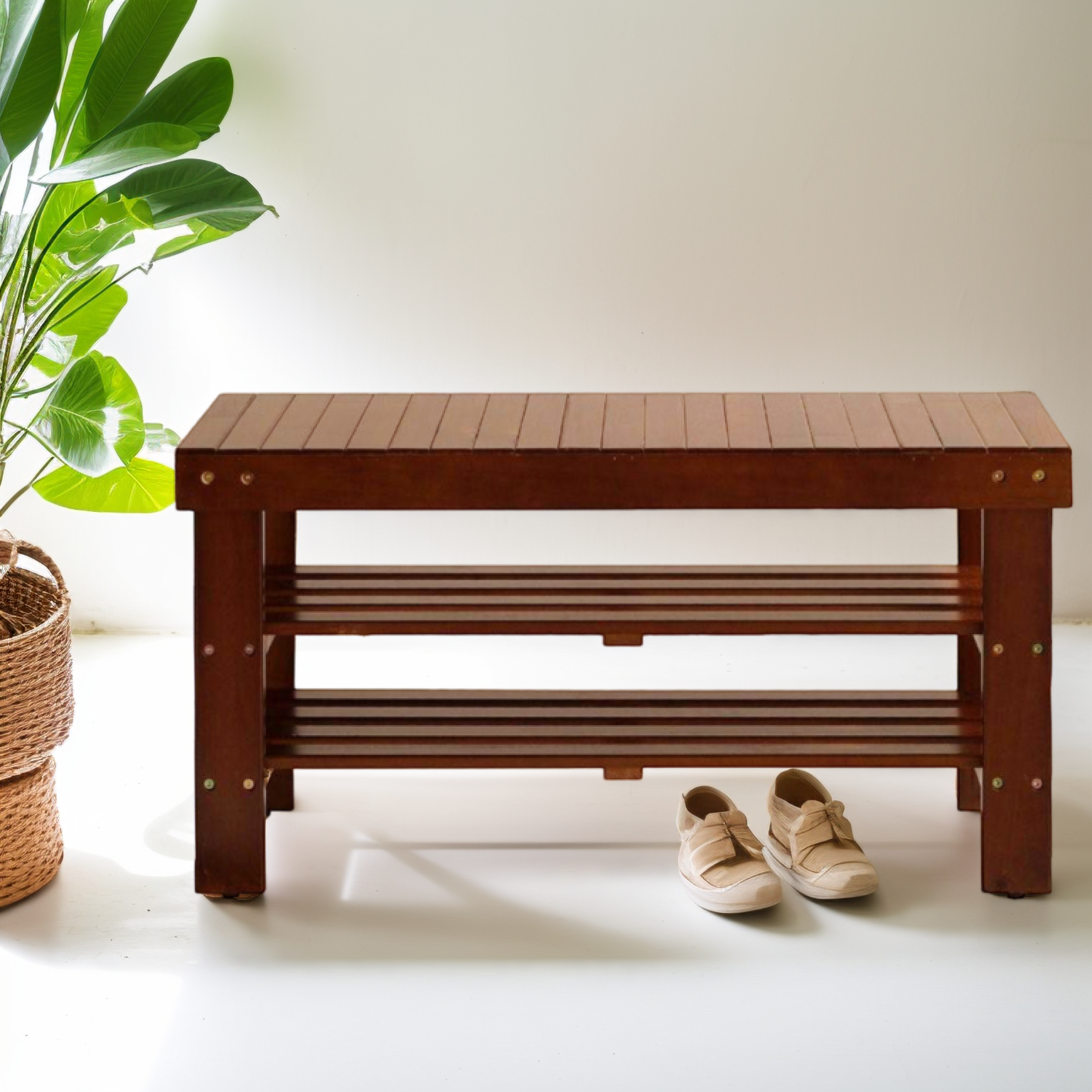 Roundhill Furniture Pina Solid Wood Shoe Bench with Storage - Cherry Finish - Entryway Organizer for Hallway, Bedroom & Mudroom
