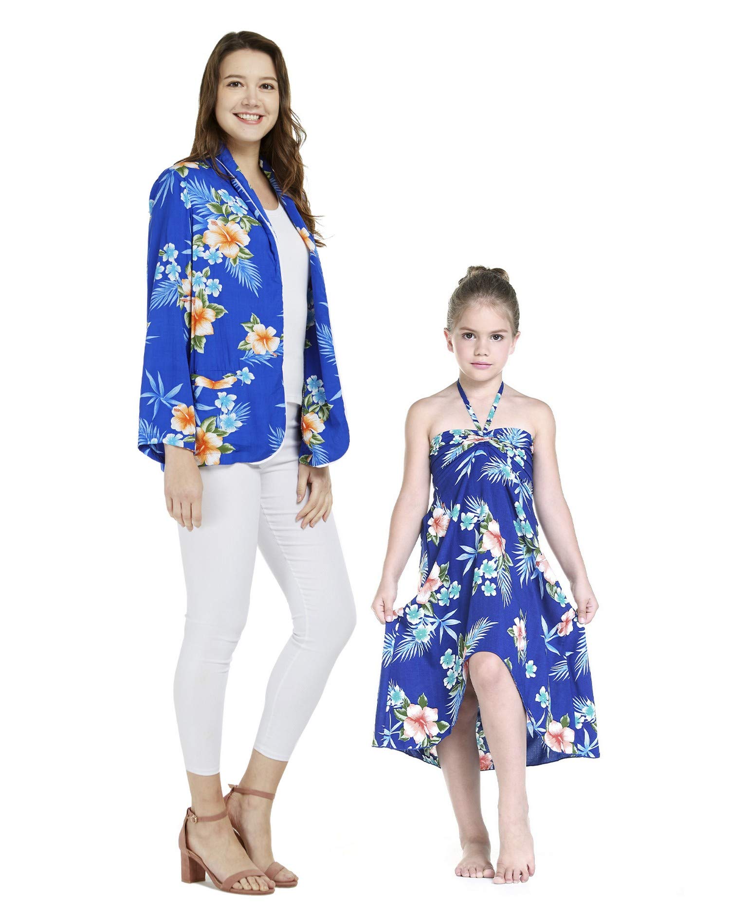 Hawaiian Luau Matching Mother Daughter Outfit - Pink & White Hibiscus Print Halter Dress Set for Beach Party, Summer Vacation, and Family Photos