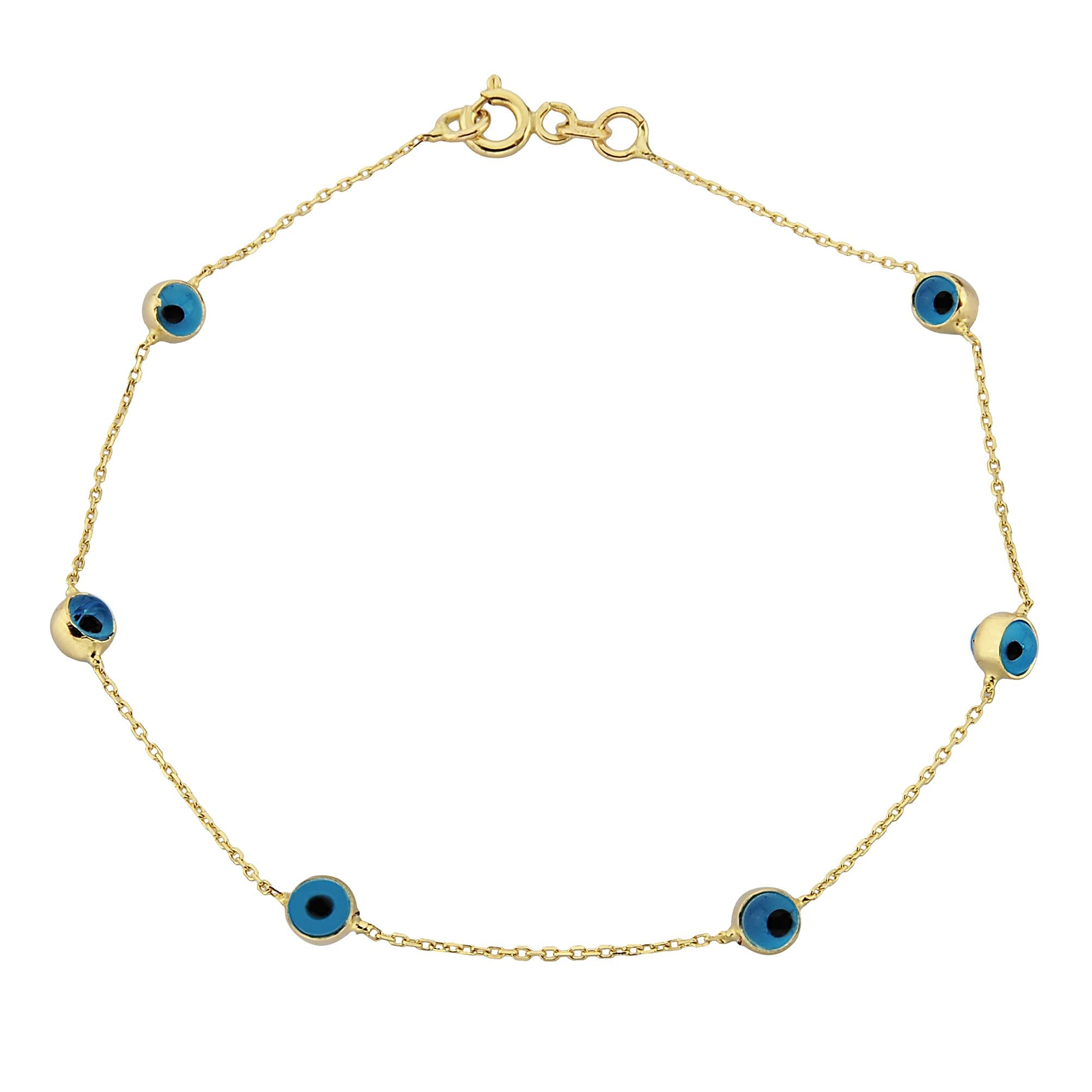 14K Solid Gold Evil Eye Bracelet for Women - Two-Sided Dainty Beaded Turkish Jewelry with Bezel Station Links | Protection Charm for Everyday Wear, Gift for Her, Spiritual Jewelry for Positive Energy