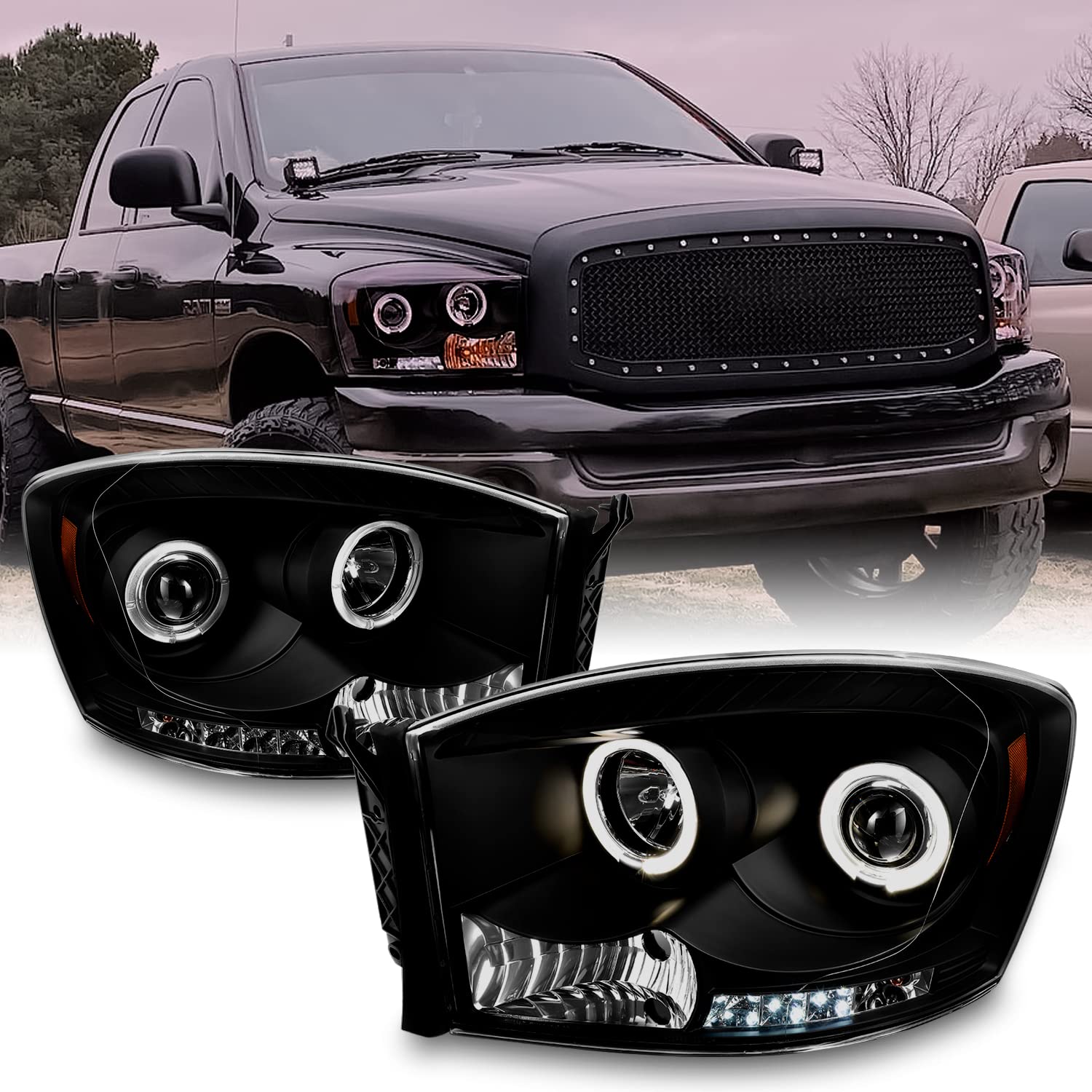 AKKON Black Smoke Dual Halo Ring LED Projector Headlights for Dodge Ram Pickup Truck - Left & Right Replacement Pair - Upgrade Your Night Driving & Off-Road Adventures
