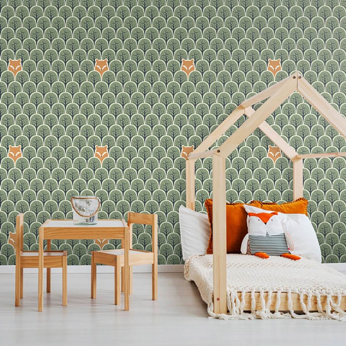 Green and Brown Forest Baby Peel and Stick Removable Wallpaper 8984 - Self-Adhesive Nursery Wall Decor for Kids Room, Bedroom, Playroom & Nursery
