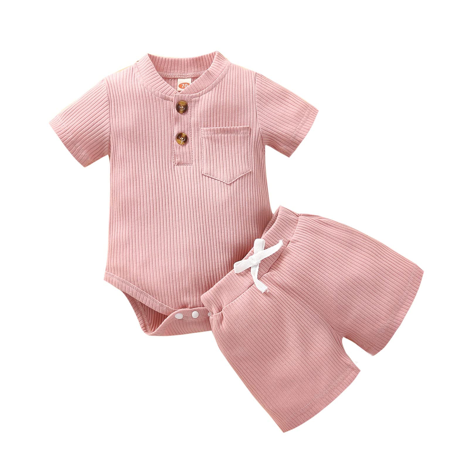 Egbsmy Ribbed Baby Romper & Shorts Set - Newborn Infant Bodysuit Outfit for Boys & Girls | Soft Cotton Short Sleeve Solid Color Onesie with Matching Shorts - Perfect for Playtime, Photos & Daily Wear