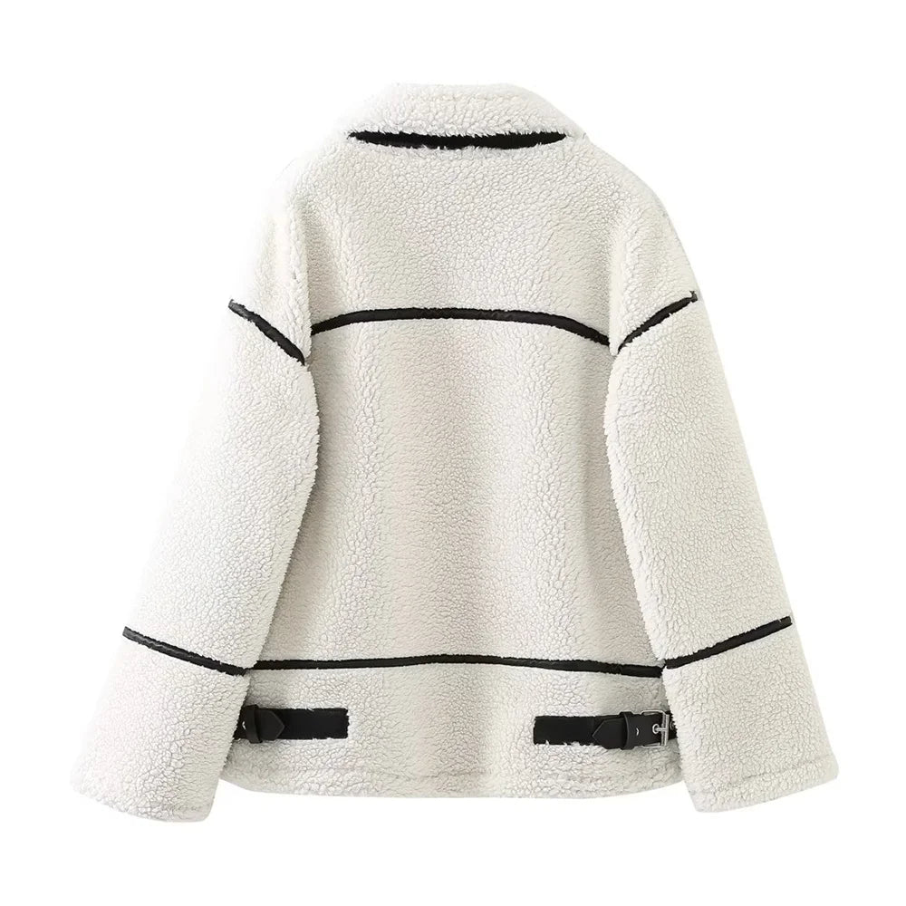 Women's Autumn Fur Jacket - Cozy Lamb Wool Plush Coat with Contrast Color for Casual Wear | Perfect for Fall Outfits, Daily Errands & Cold Weather Fashion