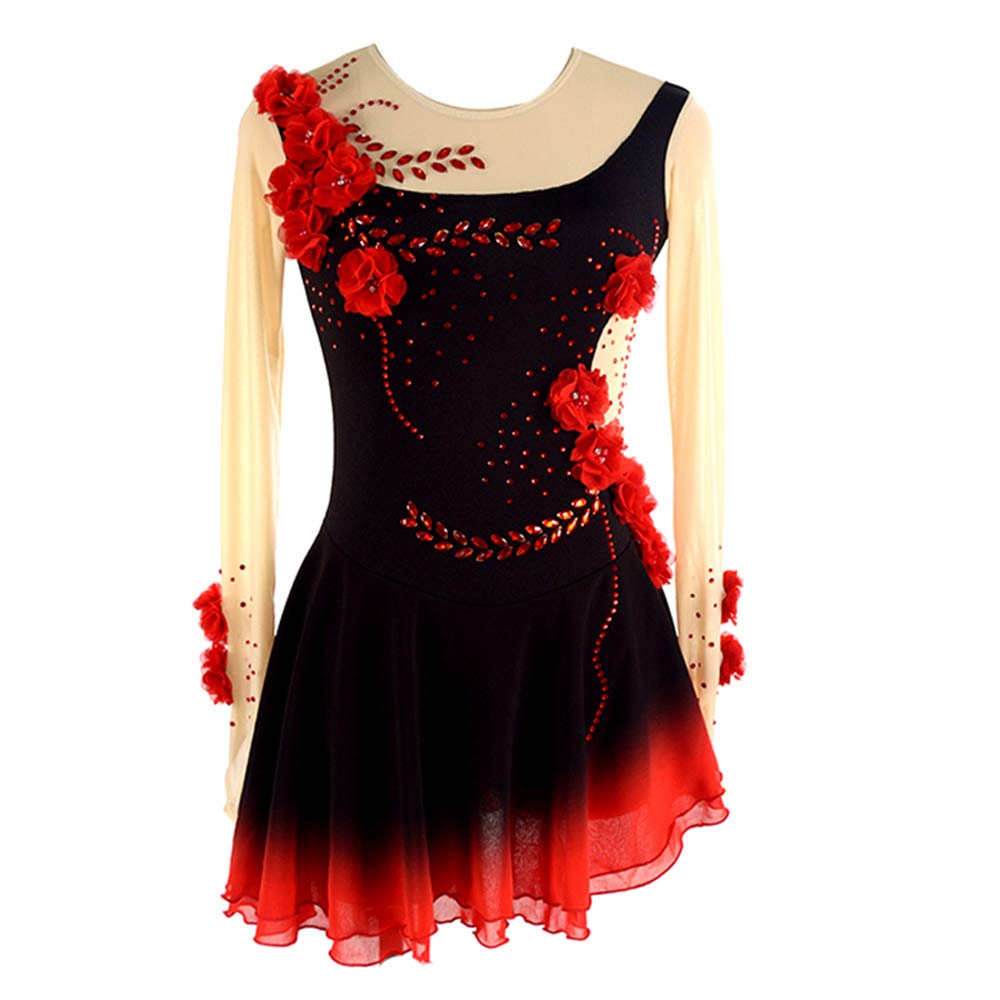 LIUHUO Black Ice Figure Skating Dress for Girls & Women - Long Sleeve Beaded Roller Skating Costume with Red Flower Design | Perfect for Competitions, Performances & Practice